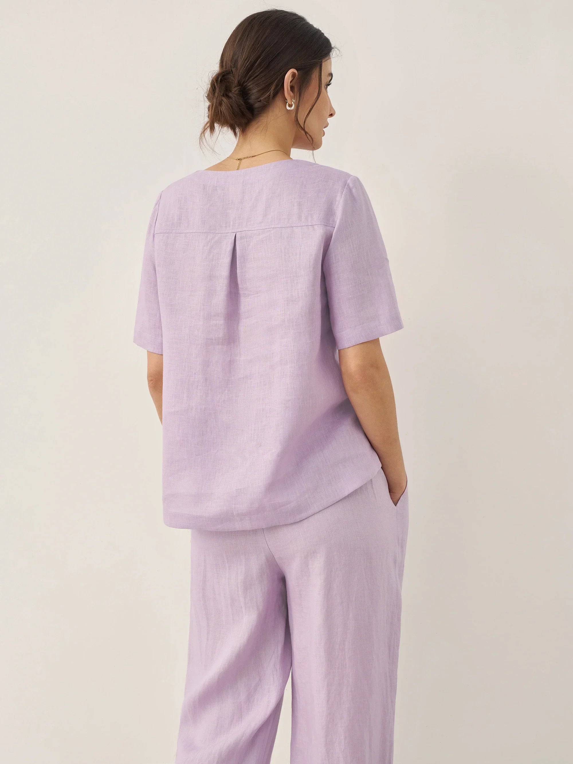 100% Linen Short-Sleeve Round Neck Button Detail Top & Pants Set SASHA by LINTICO