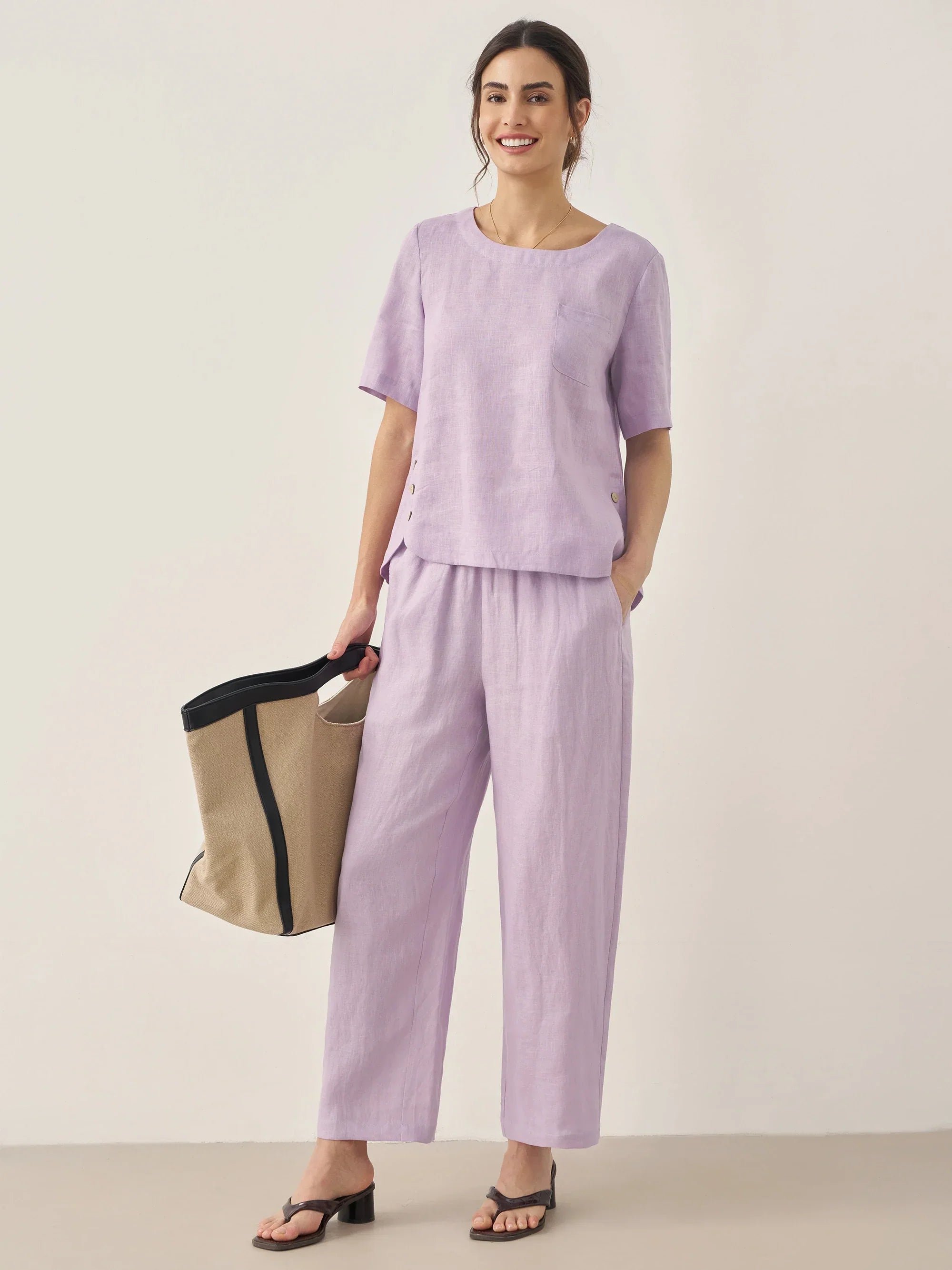 100% Linen Short-Sleeve Round Neck Button Detail Top & Pants Set SASHA by LINTICO