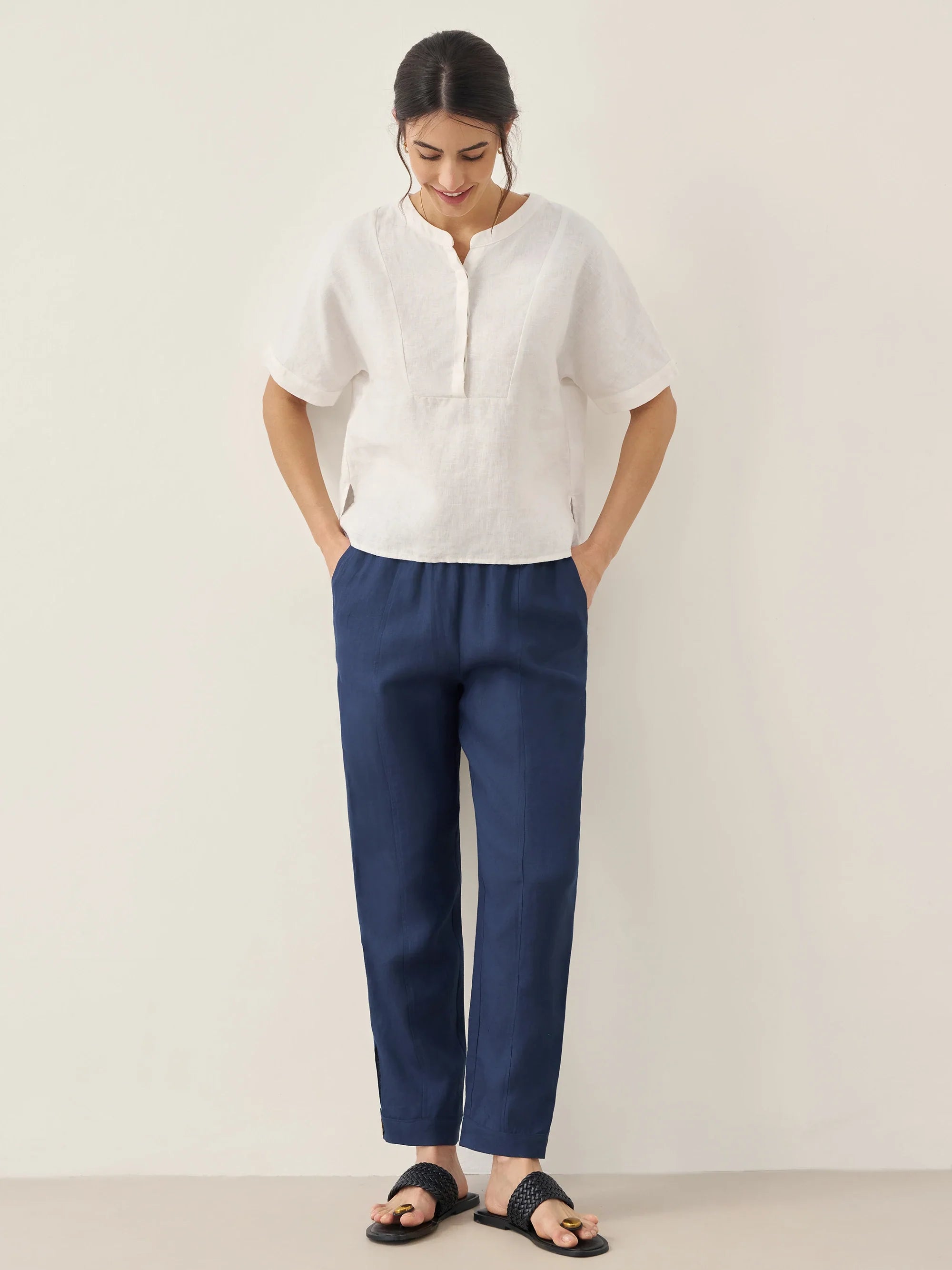 100% Linen Straight-Leg Pants with Elastic Waist PATRICE by LINTICO