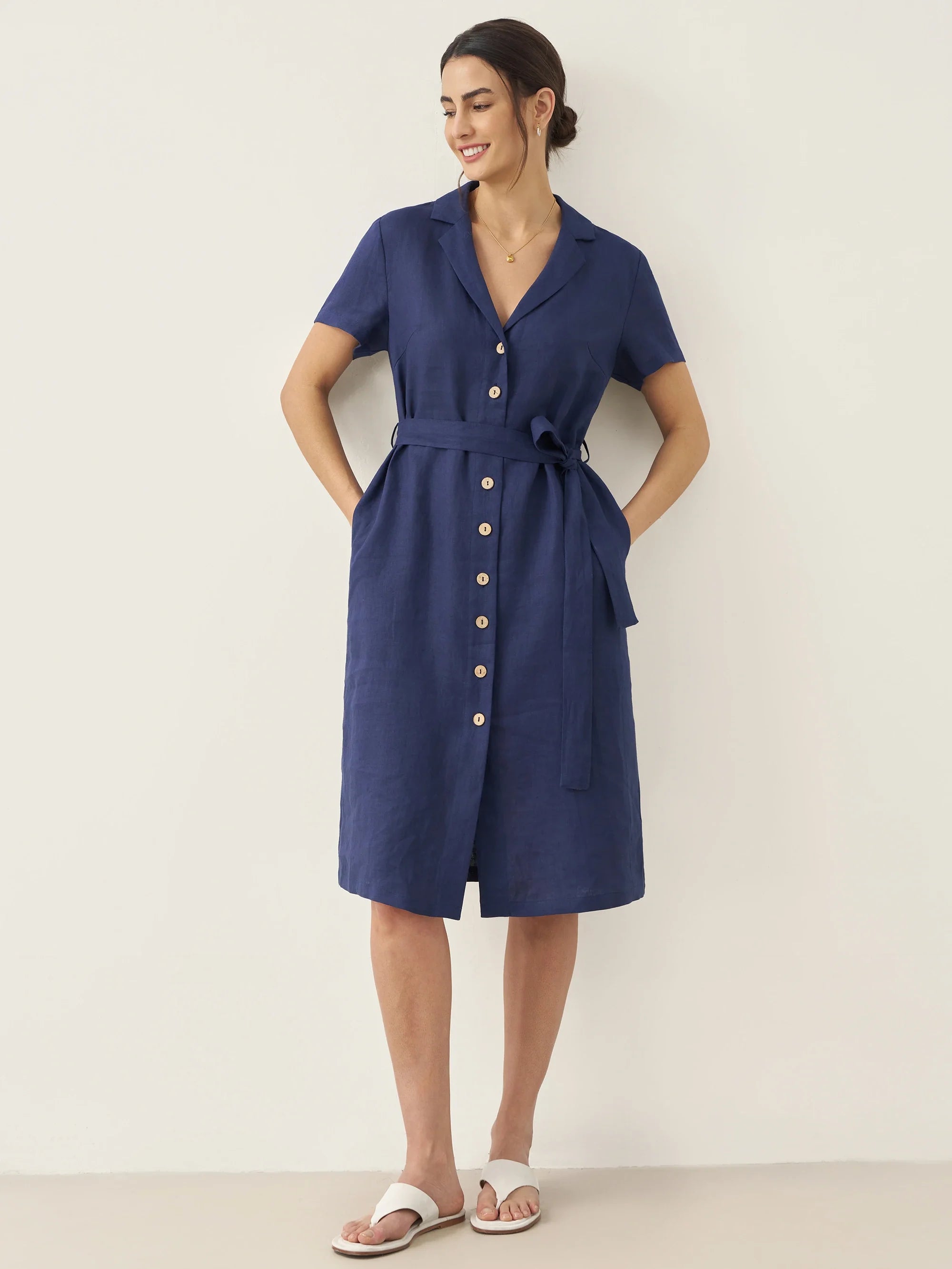 100% Linen V-Neck Button-Front Shirt Dress EILEEN by LINTICO