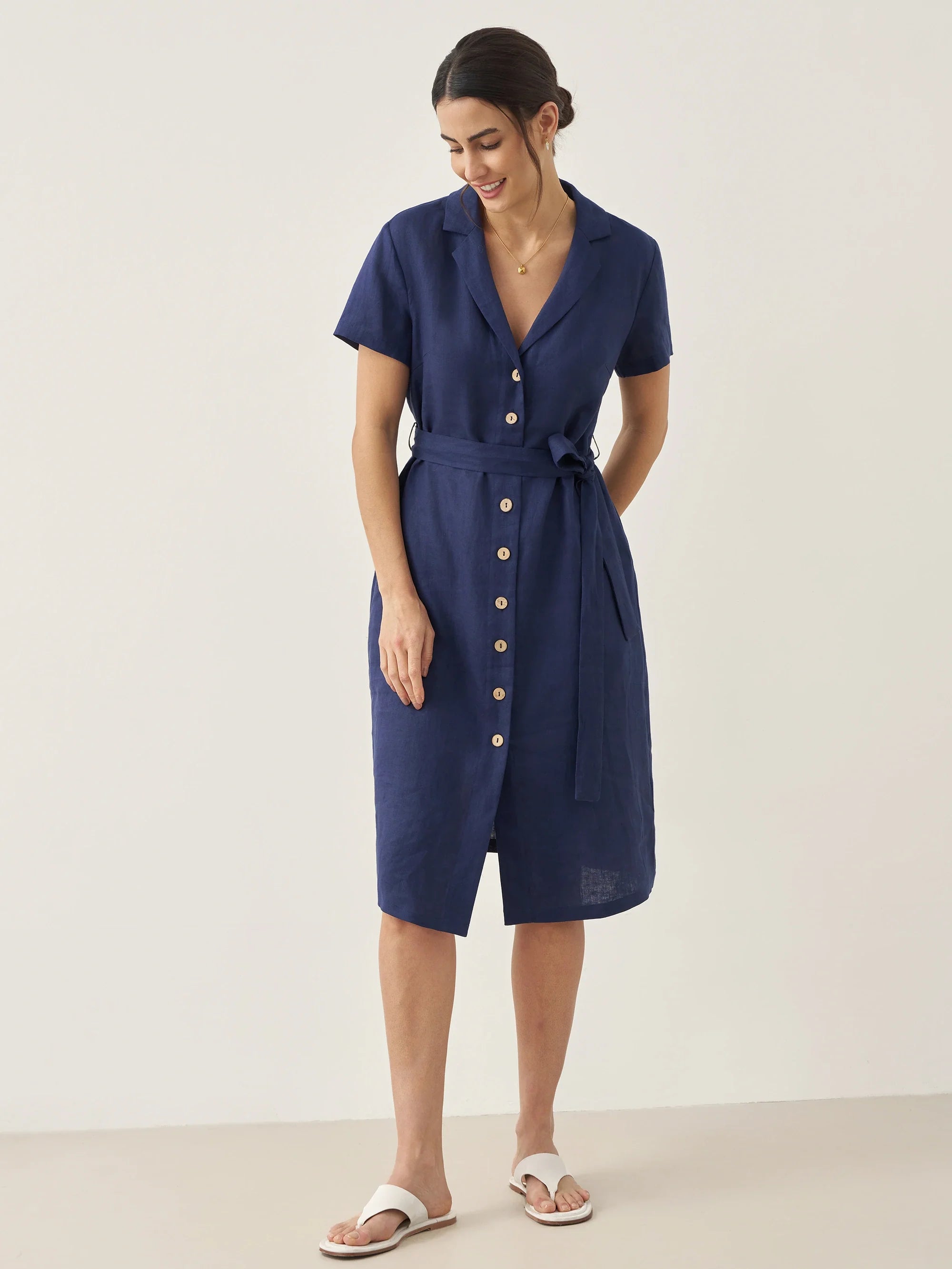 100% Linen V-Neck Button-Front Shirt Dress EILEEN by LINTICO