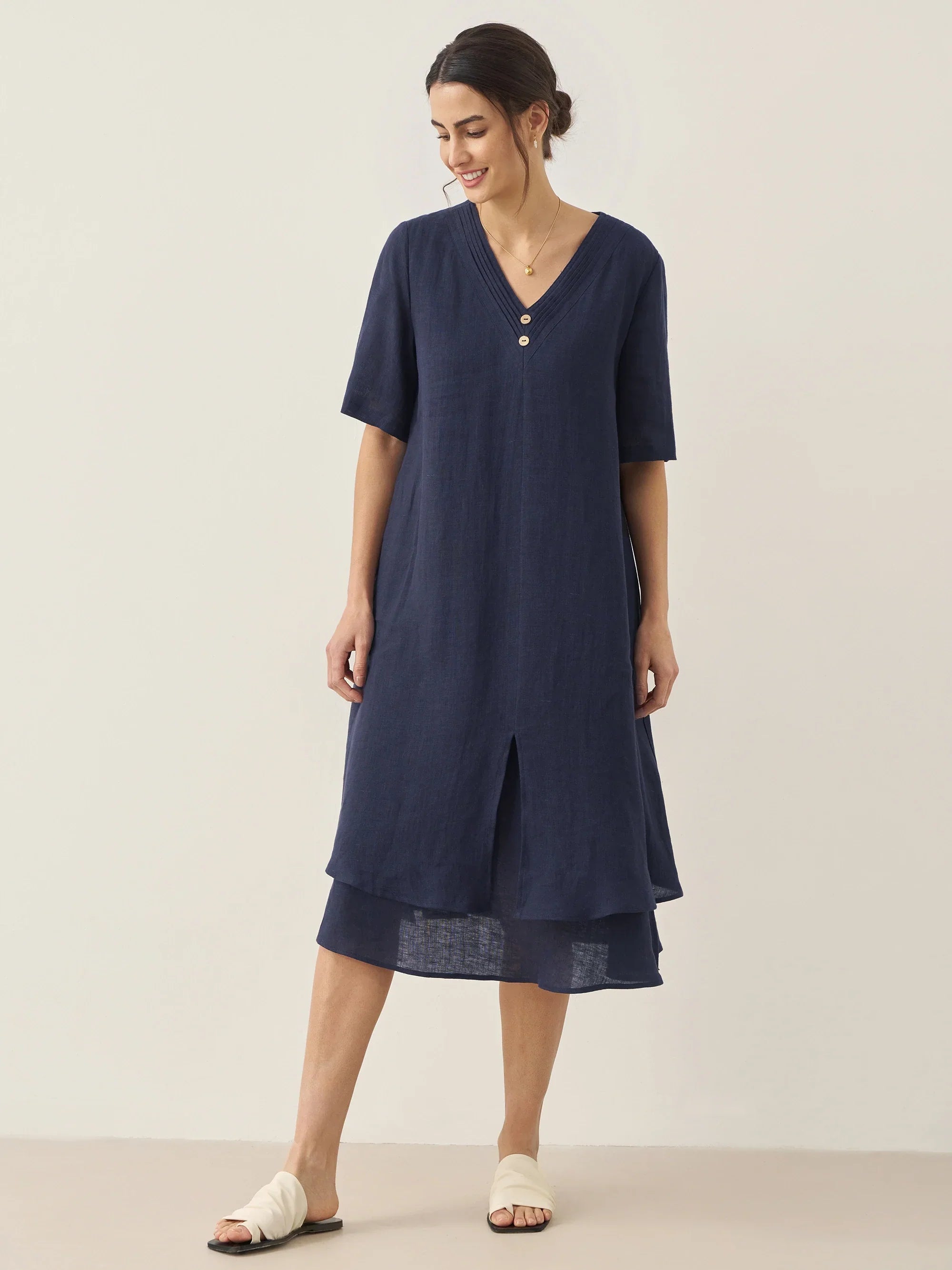 100% Linen V-Neck Double-Layer Midi Dress JAYDA by LINTICO