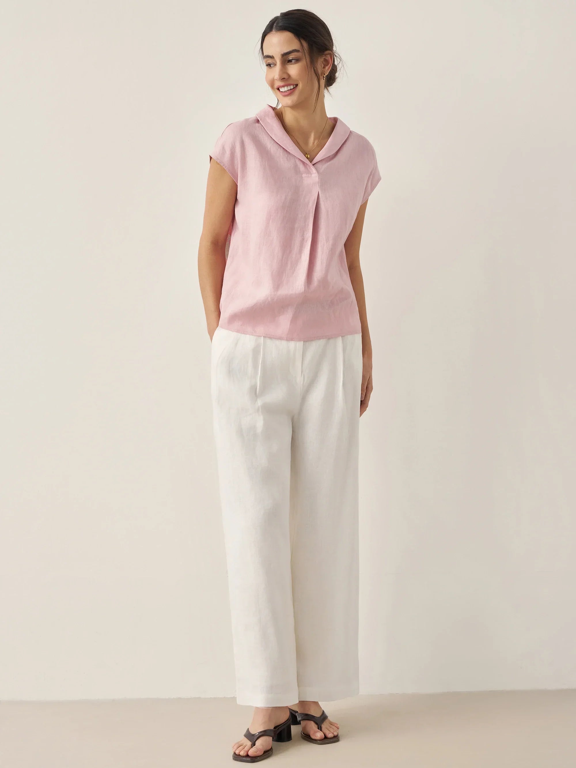 100% Linen Shawl V-Neck Cap Sleeves Top ELARA by LINTICO