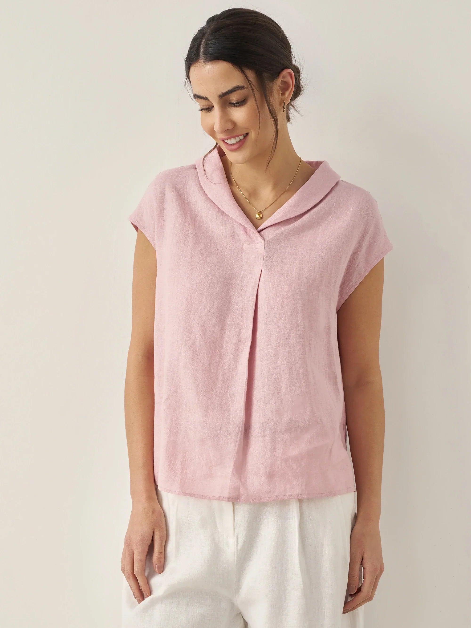 100% Linen Shawl V-Neck Cap Sleeves Top ELARA by LINTICO