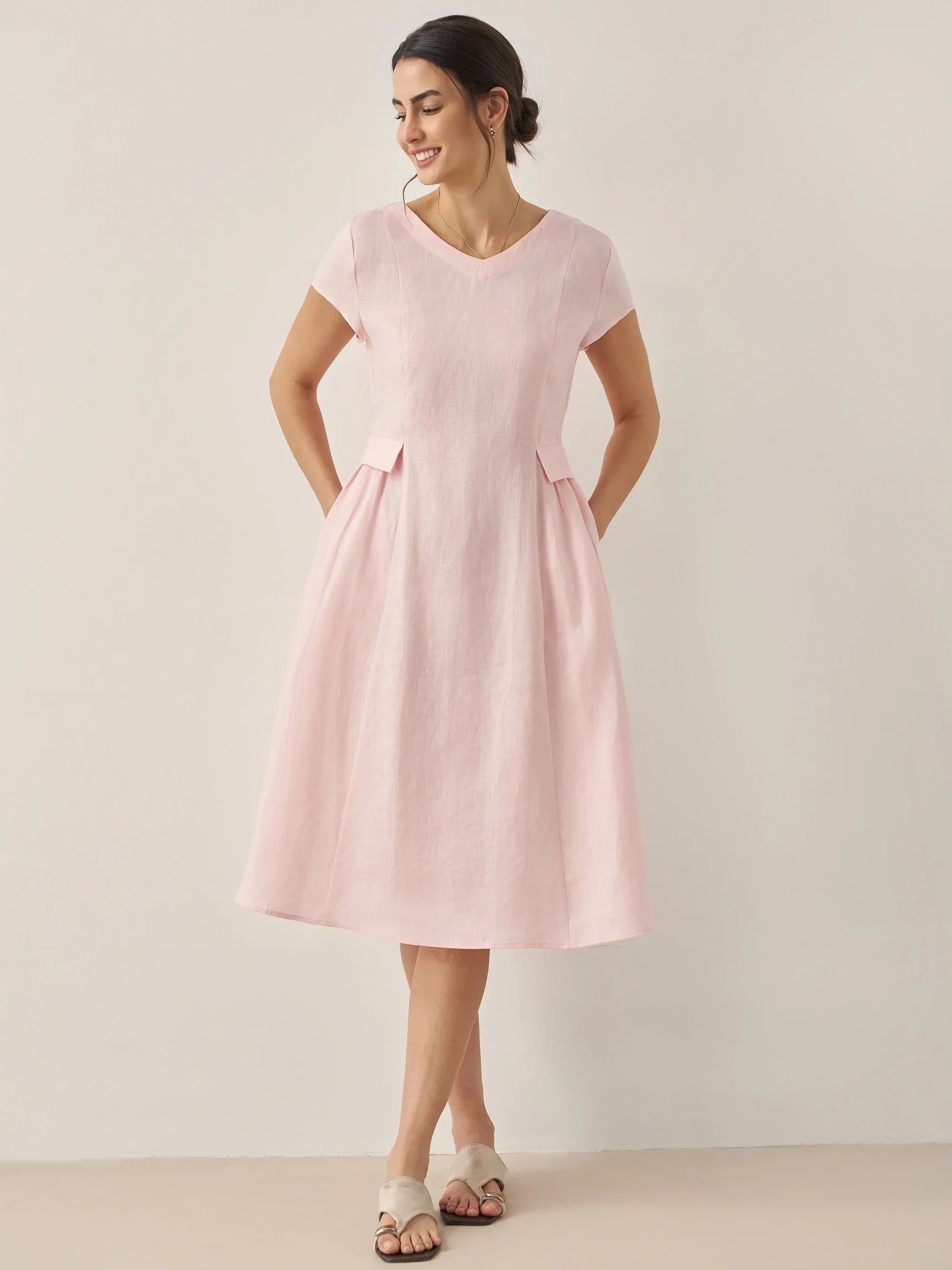 100% Linen Natural Summer V-Neck Dress ALEXA DestGlow