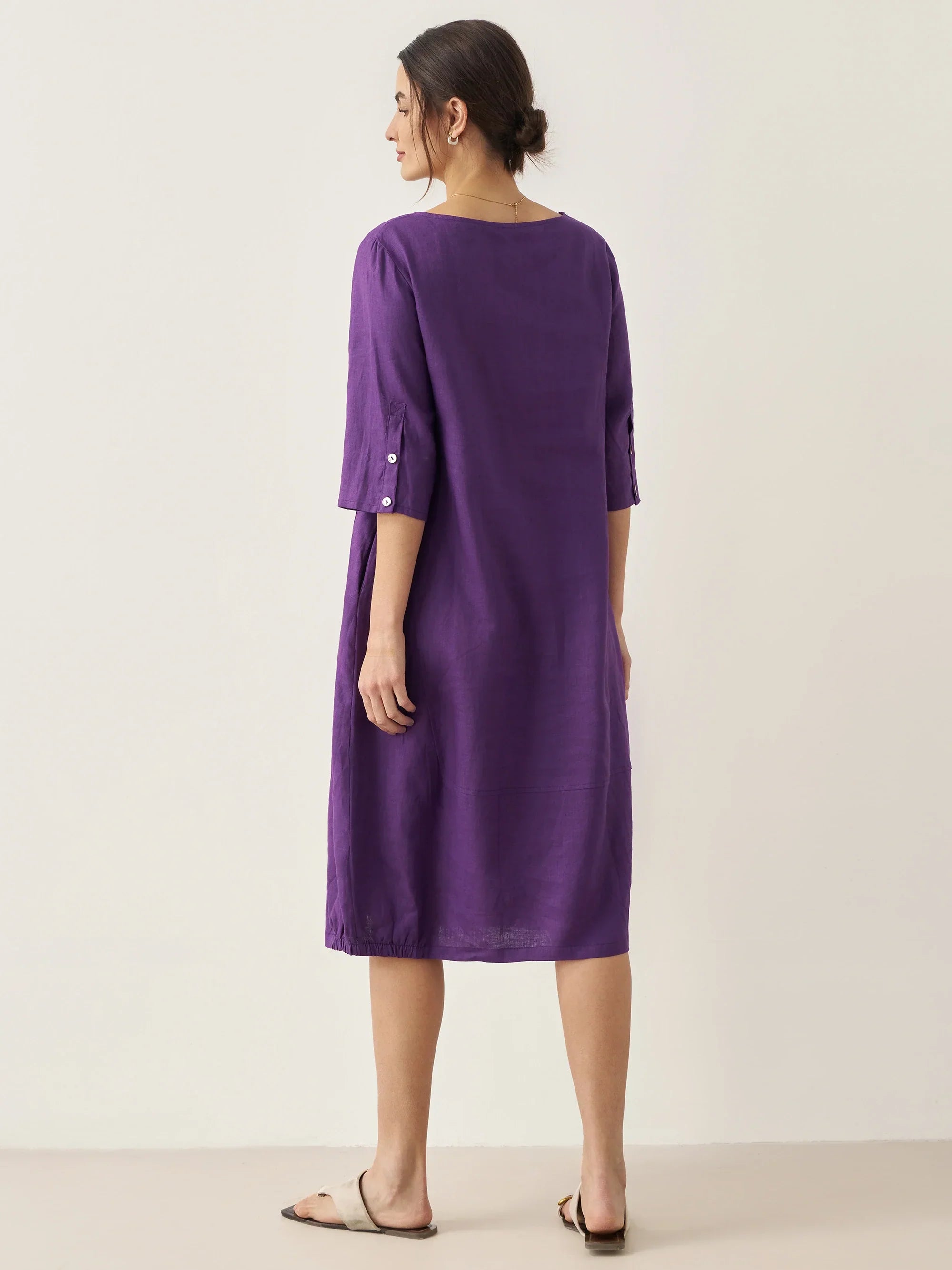 100% Linen Collarless Mid-Length Dress SOFIA by LINTICO