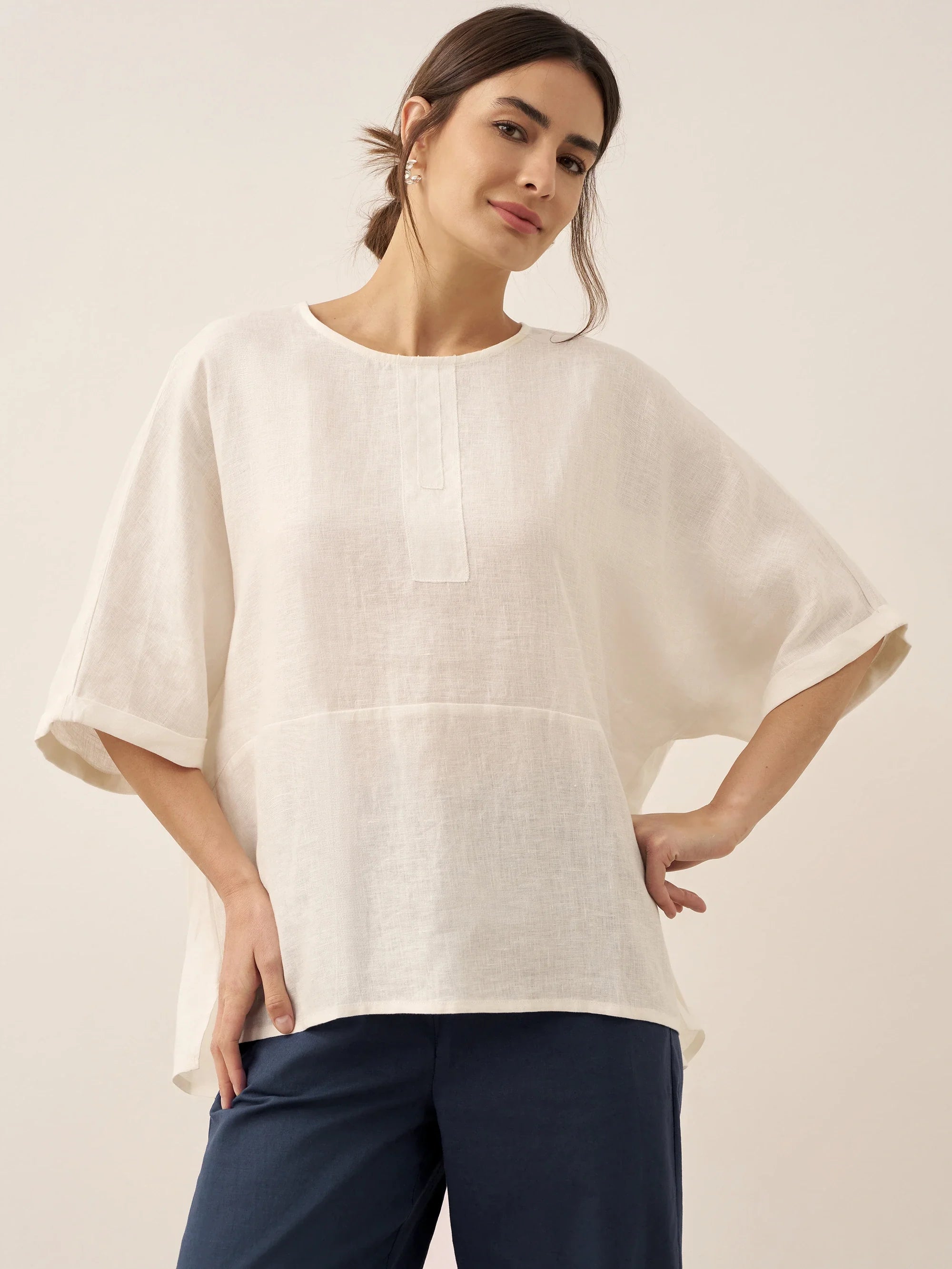 100% Linen Round Neck Mid-Sleeve Top ROBYN by LINTICO