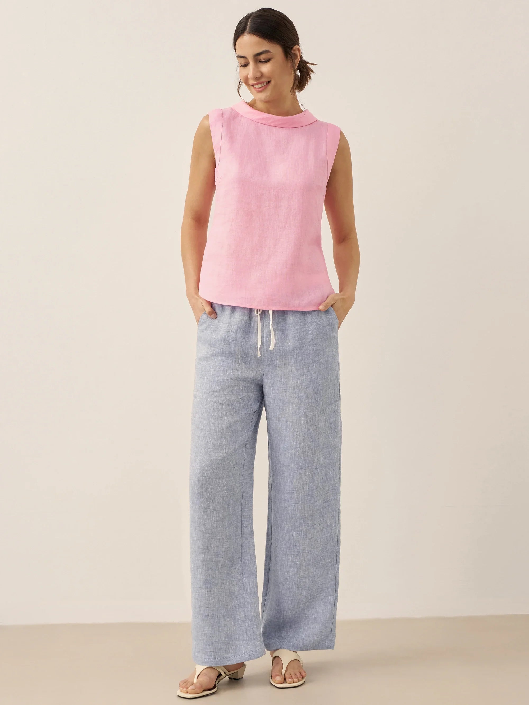 100% Linen Draped Collar Tank Top by LINTICO