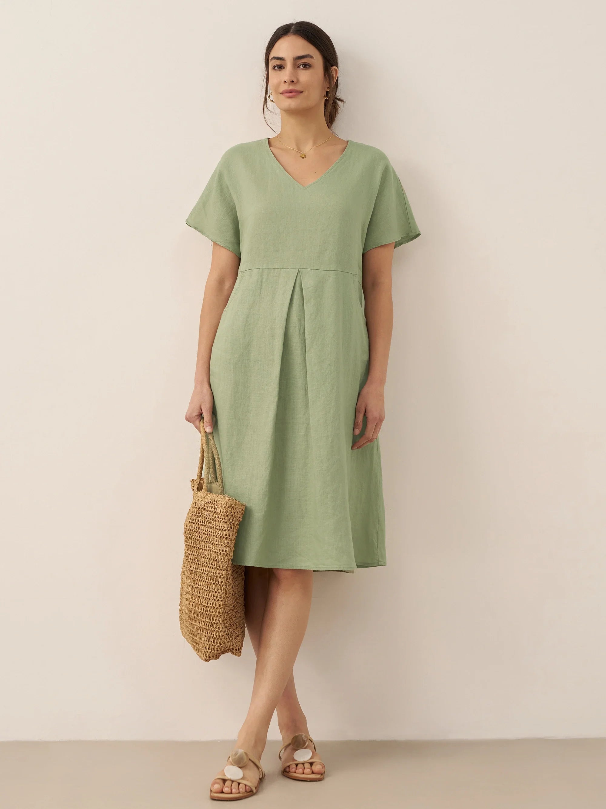 100% Linen V-Neck Pockets Swing Dress AINSLEY by LINTICO