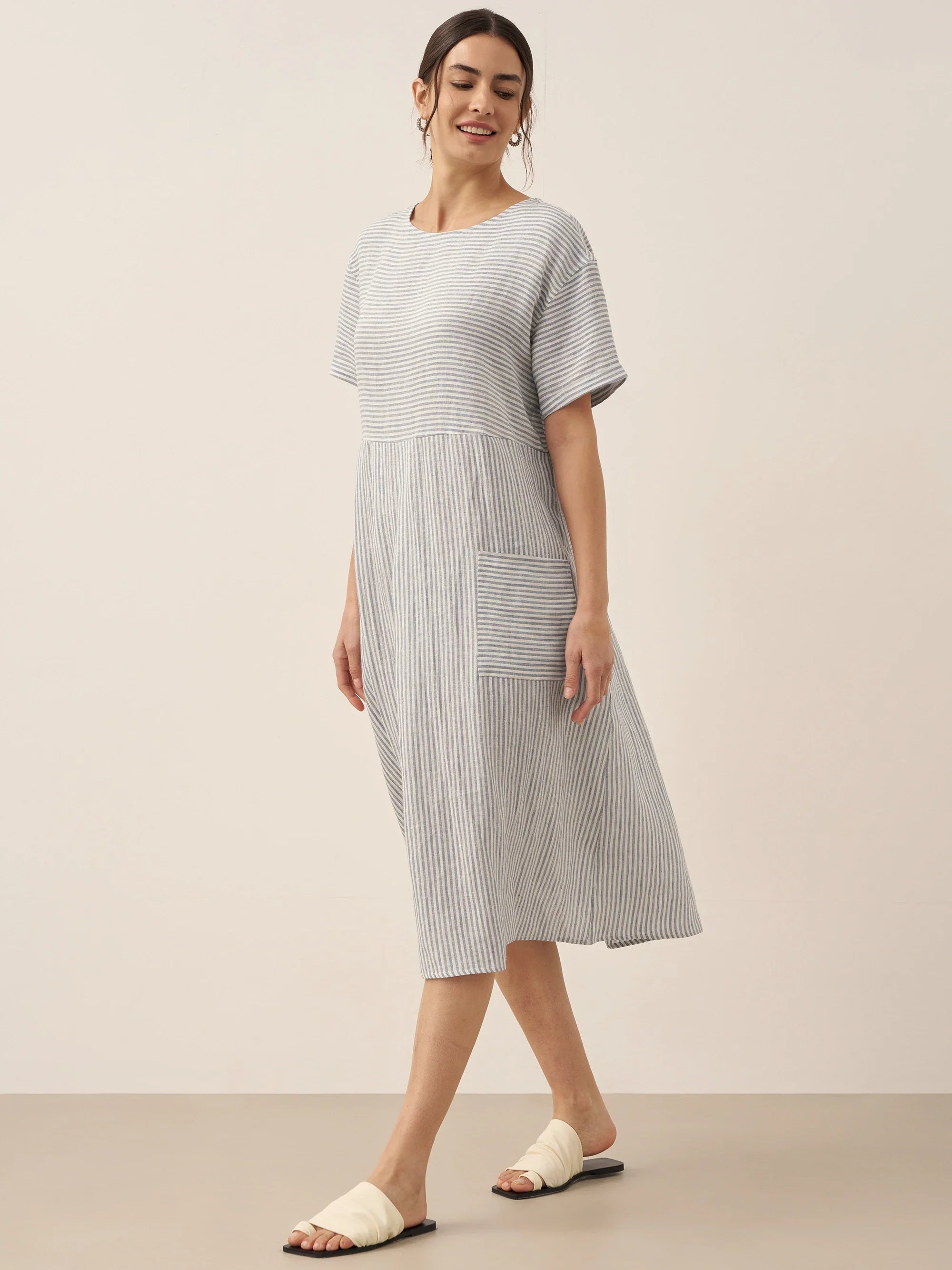 100% Linen Pinstripe Paneled Short-Sleeved Dress MORGAN by LINTICO