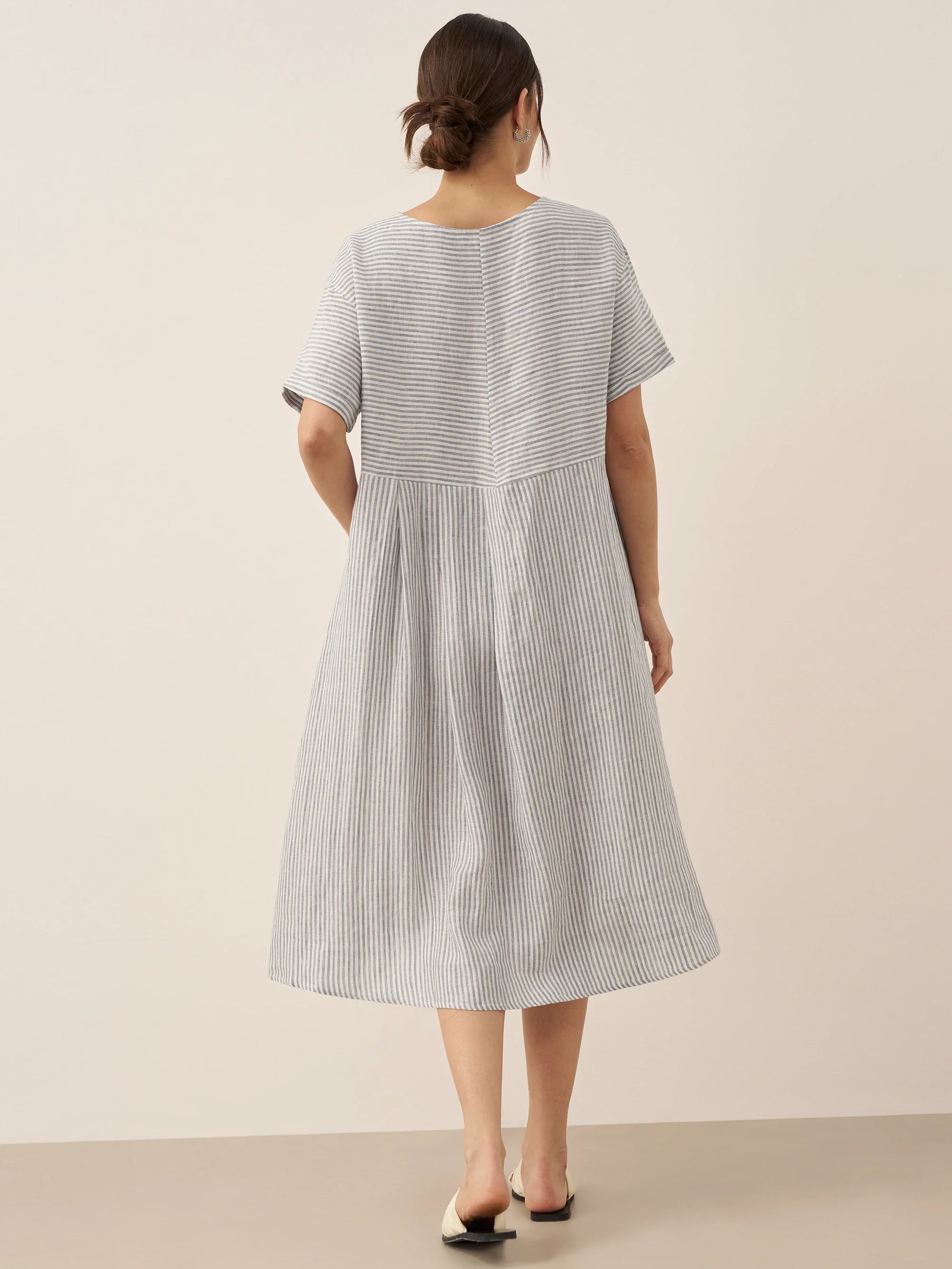 100% Linen Pinstripe Paneled Short-Sleeved Dress MORGAN by LINTICO
