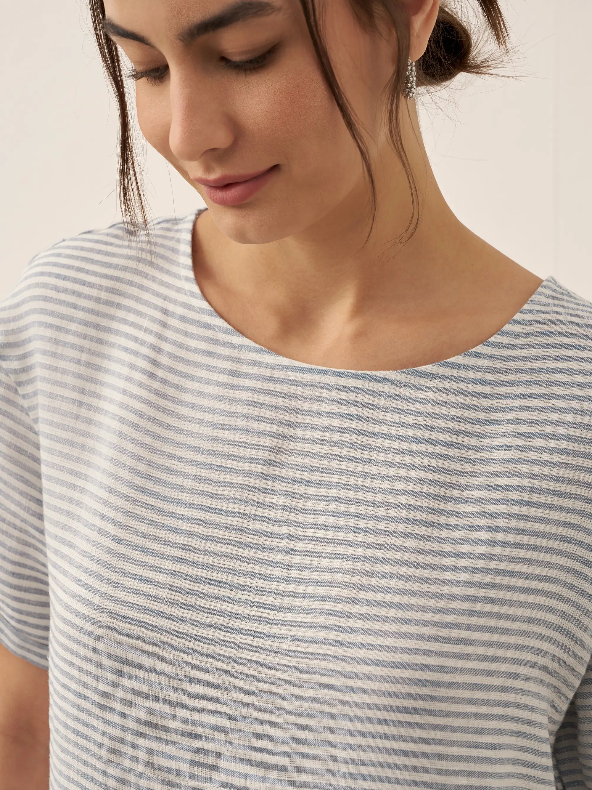 100% Linen Pinstripe Paneled Short-Sleeved Dress MORGAN by LINTICO