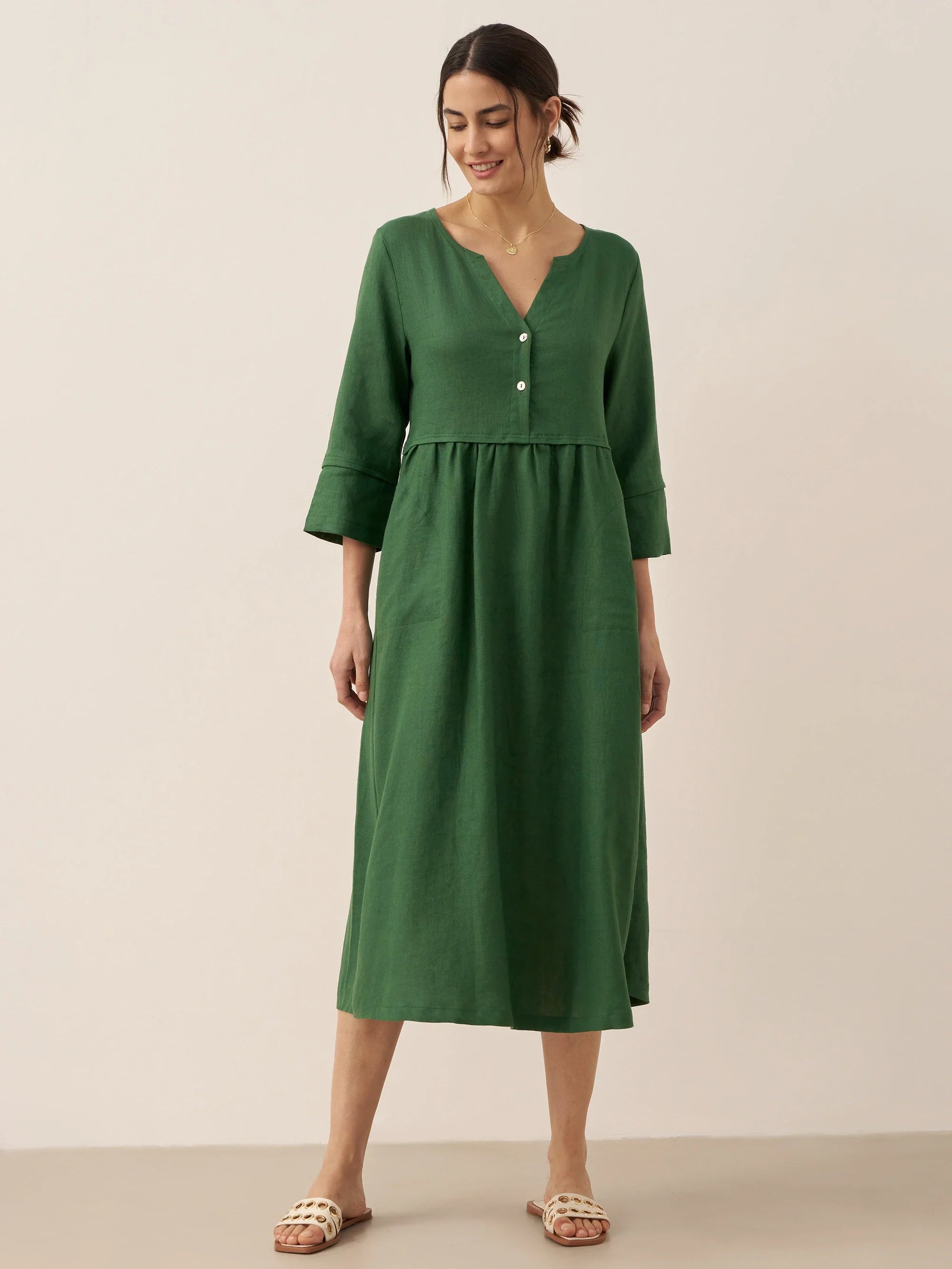 100% Linen Loose Fit Button Waist Gathered Midi Dress LUNA DestGlow