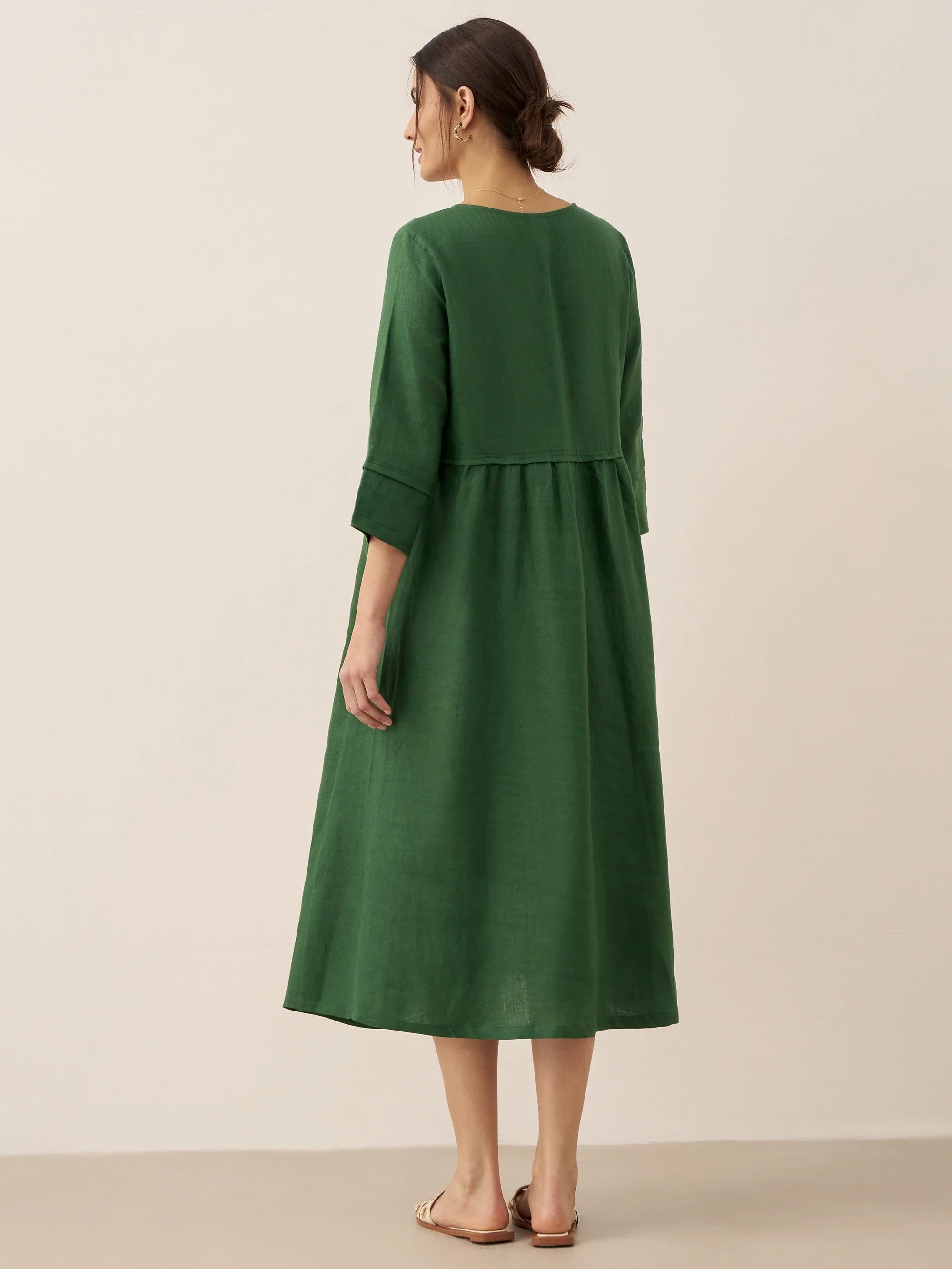 100% Linen Loose Fit Button Waist Gathered Midi Dress LUNA DestGlow