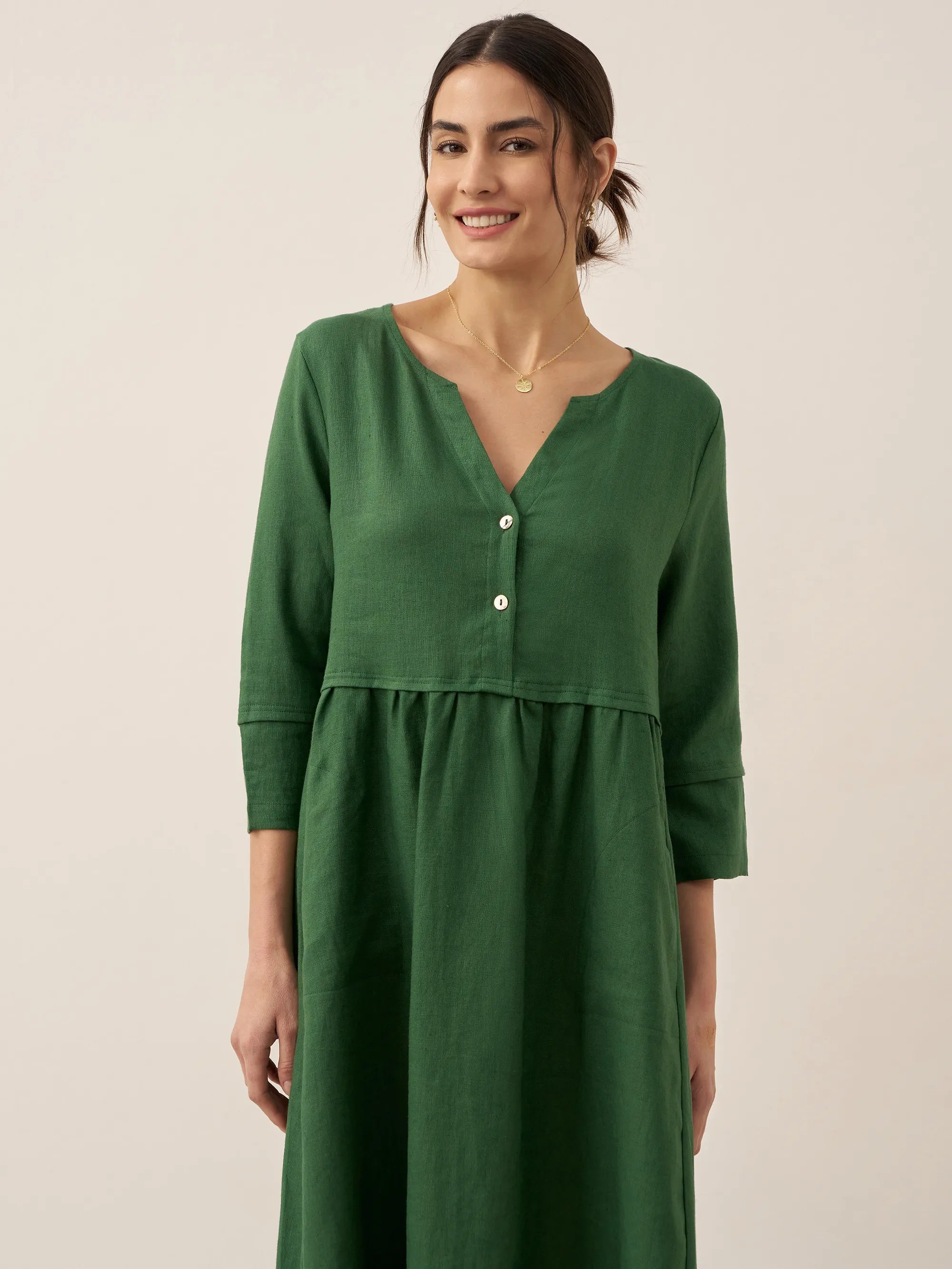 100% Linen Loose Fit Button Waist Gathered Midi Dress LUNA DestGlow