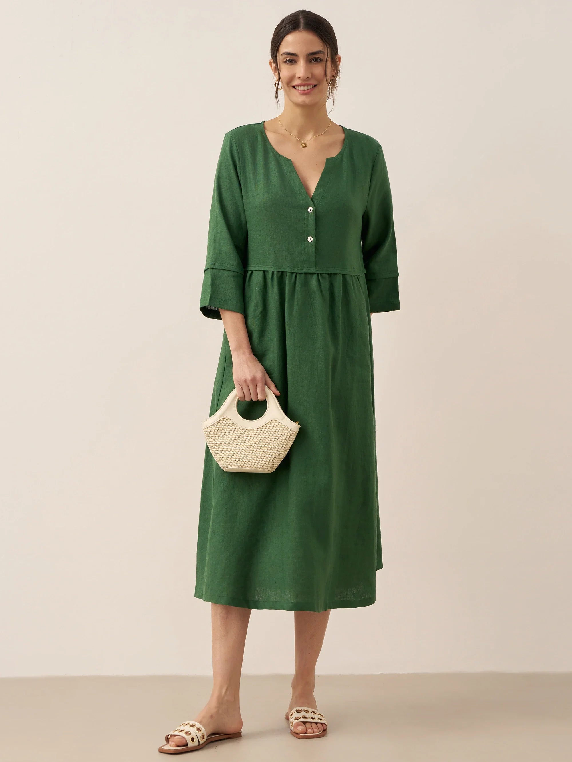 100% Linen Loose Fit Button Waist Gathered Midi Dress LUNA DestGlow