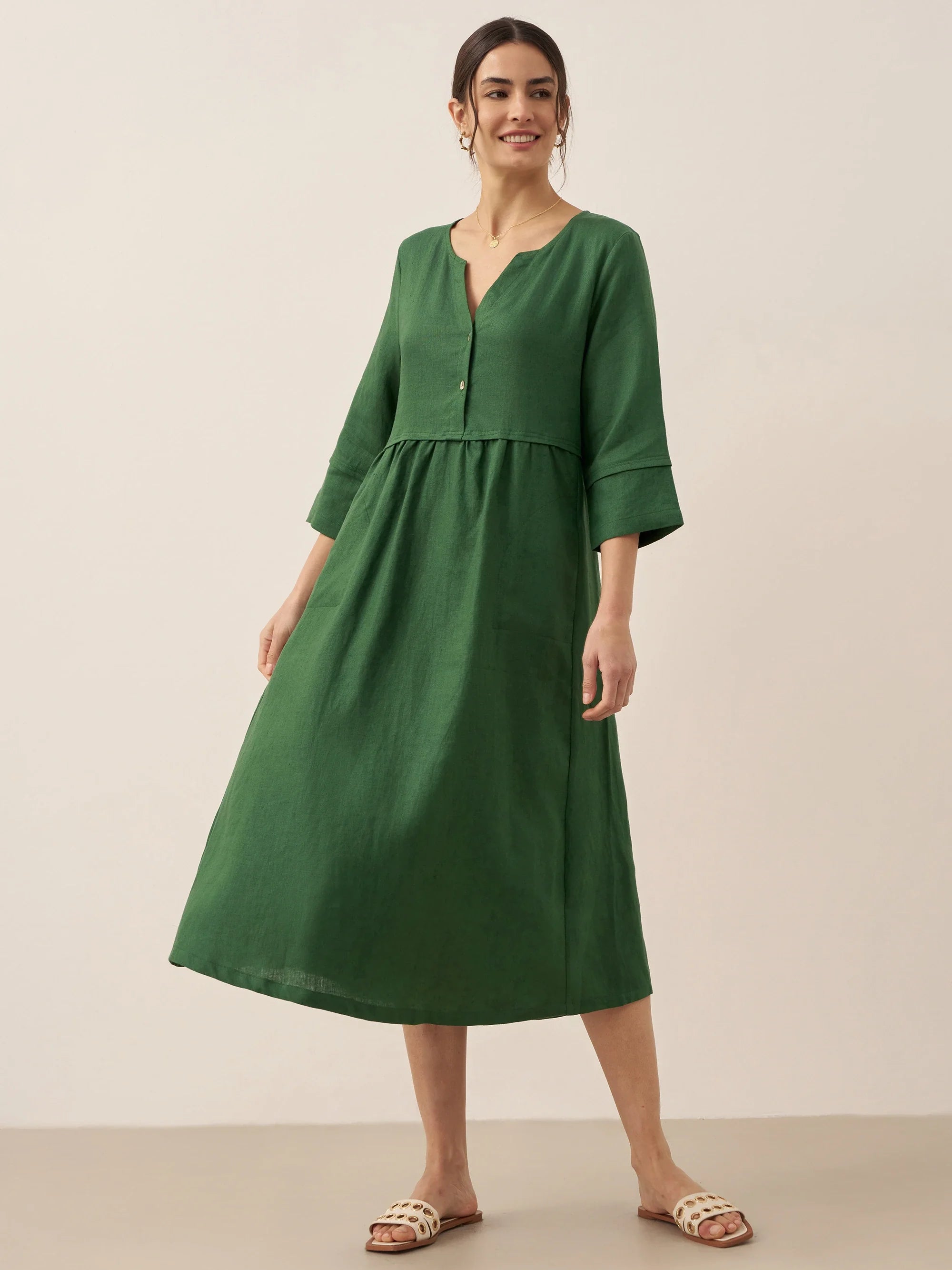100% Linen Loose Fit Button Waist Gathered Midi Dress LUNA DestGlow