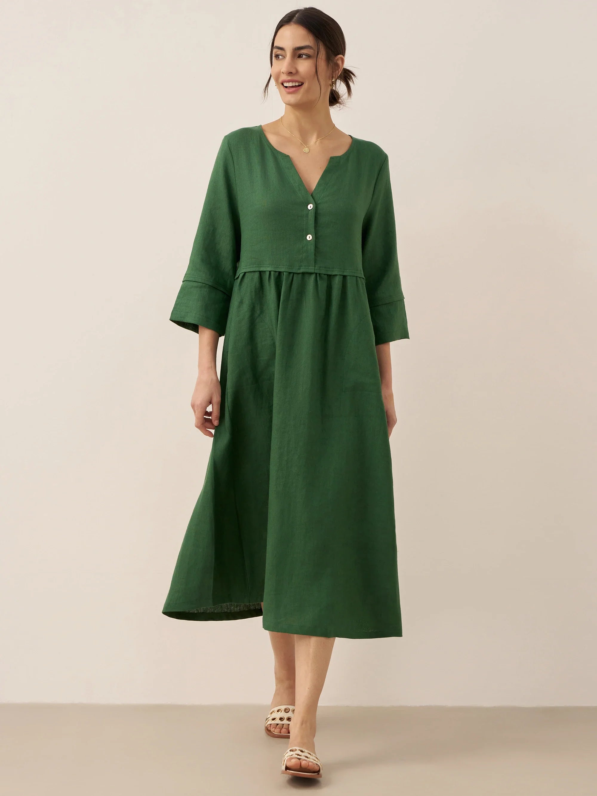 100% Linen Loose Fit Button Waist Gathered Midi Dress LUNA DestGlow