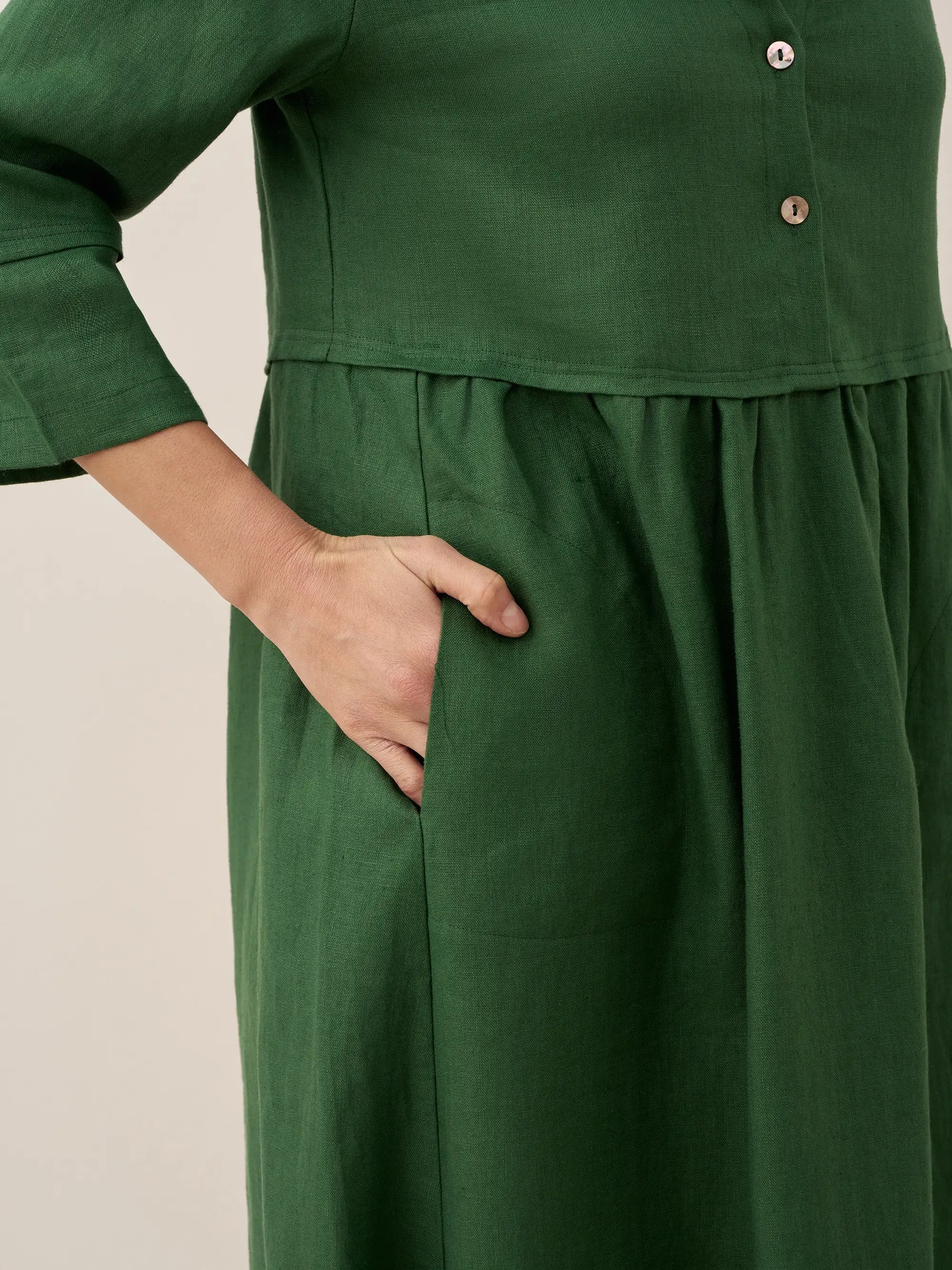 100% Linen Loose Fit Button Waist Gathered Midi Dress LUNA DestGlow