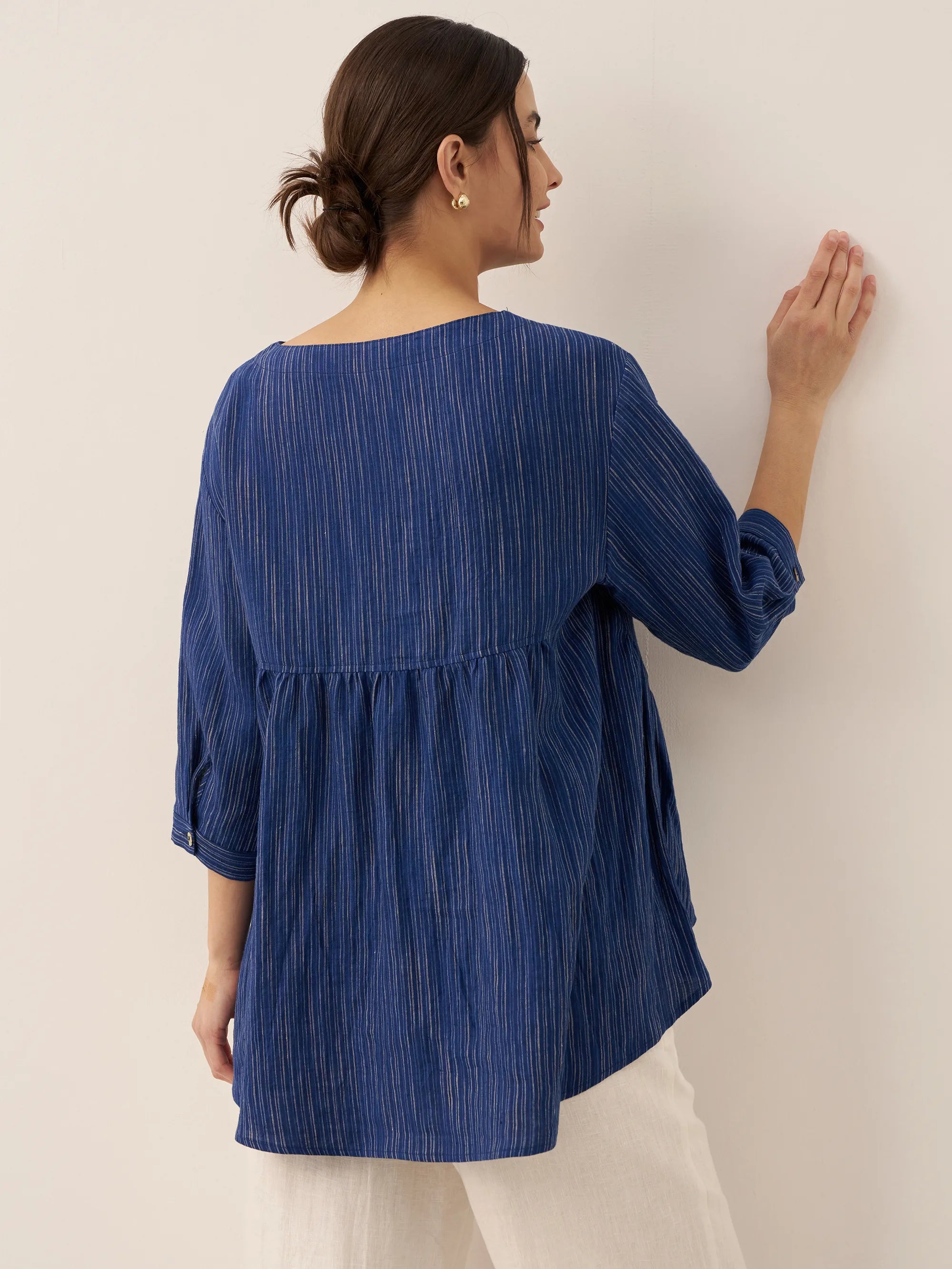 100% Linen Round Neck Artistic Stripe Top FLORENCE by LINTICO