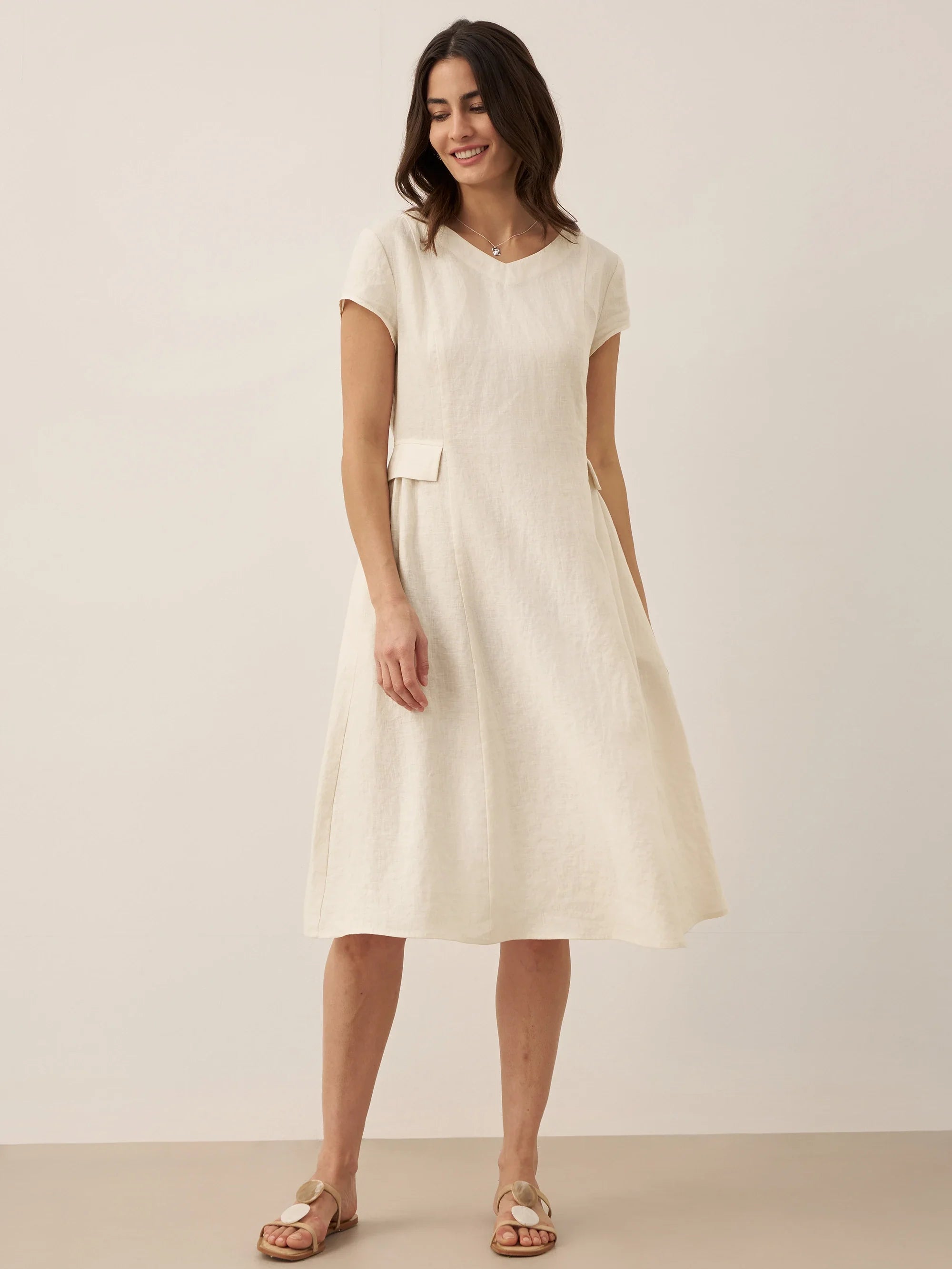 100% Linen Natural Summer V-Neck Dress ALEXA DestGlow