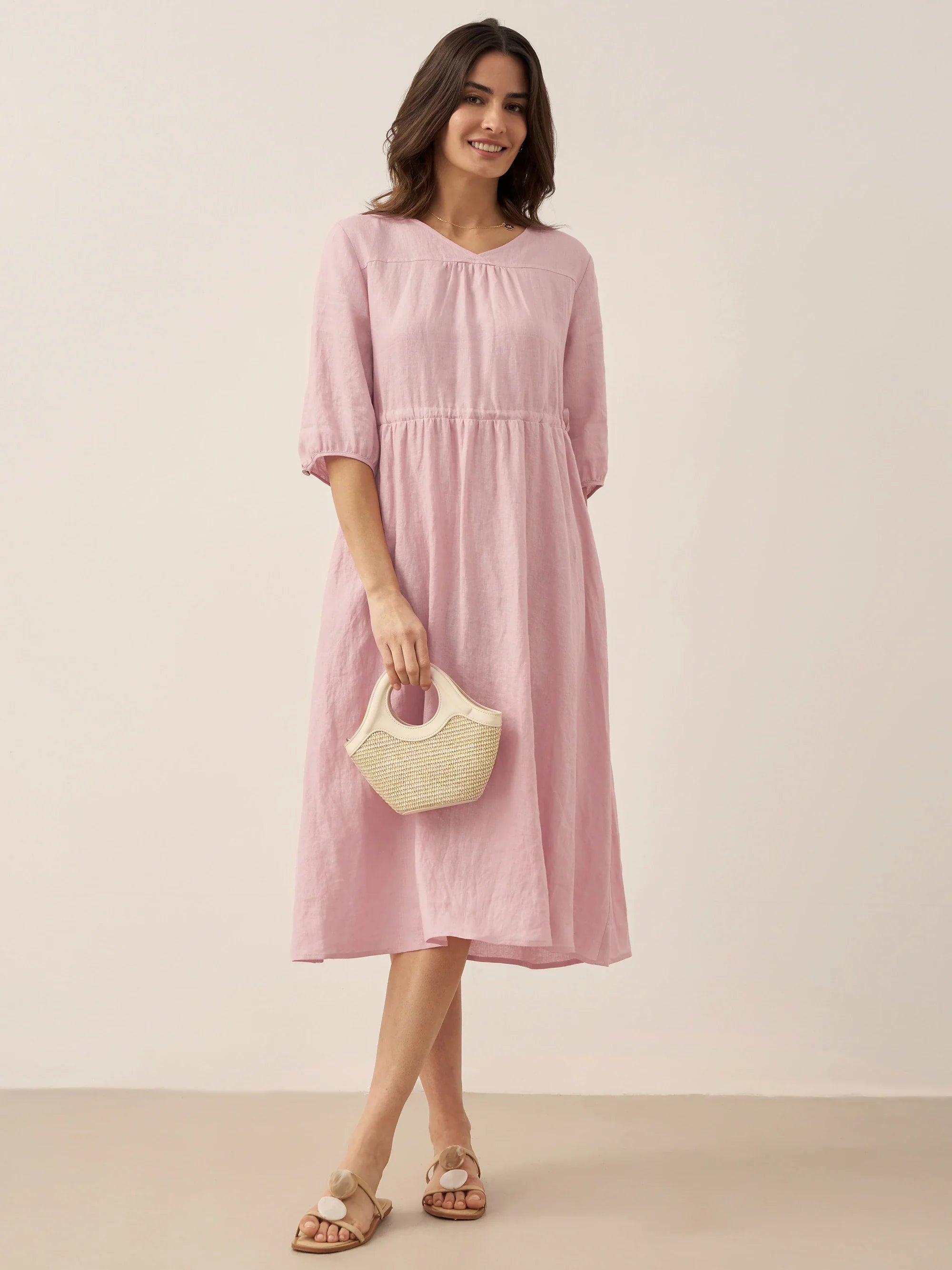 100% Linen A-Line Drawstring Waist Midi Dress DIXIE by LINTICO