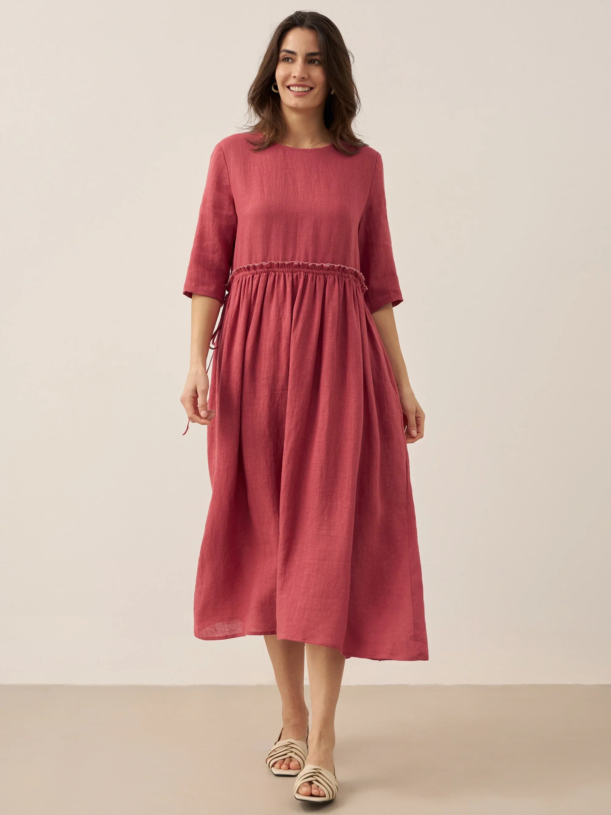 100% Linen Petal-Waist Drawstring Midi Dress JASMINE by LINTICO