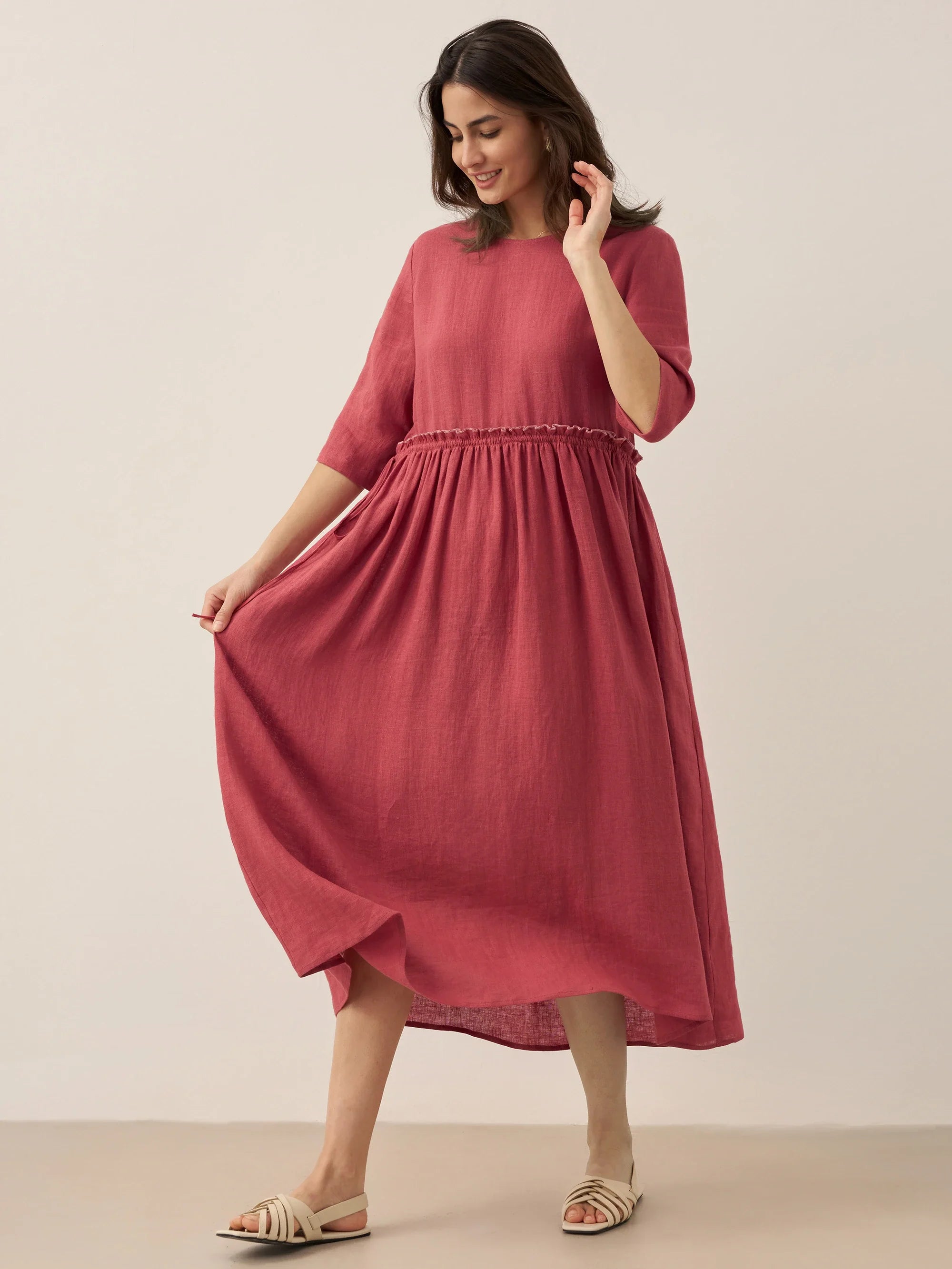 100% Linen Petal-Waist Drawstring Midi Dress JASMINE by LINTICO