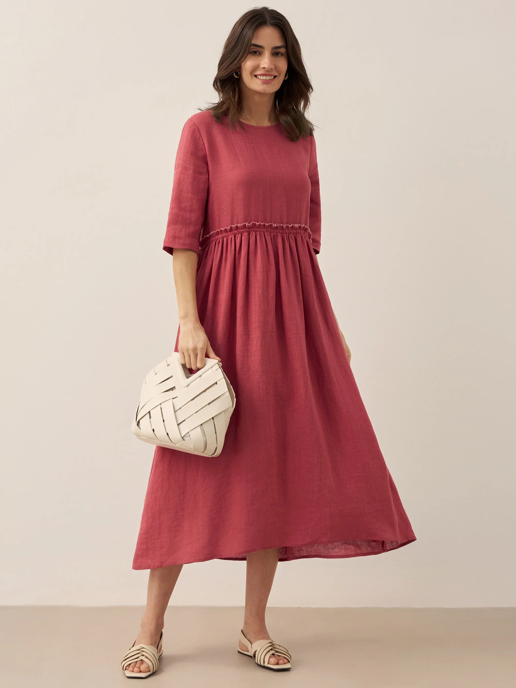 100% Linen Petal-Waist Drawstring Midi Dress JASMINE by LINTICO