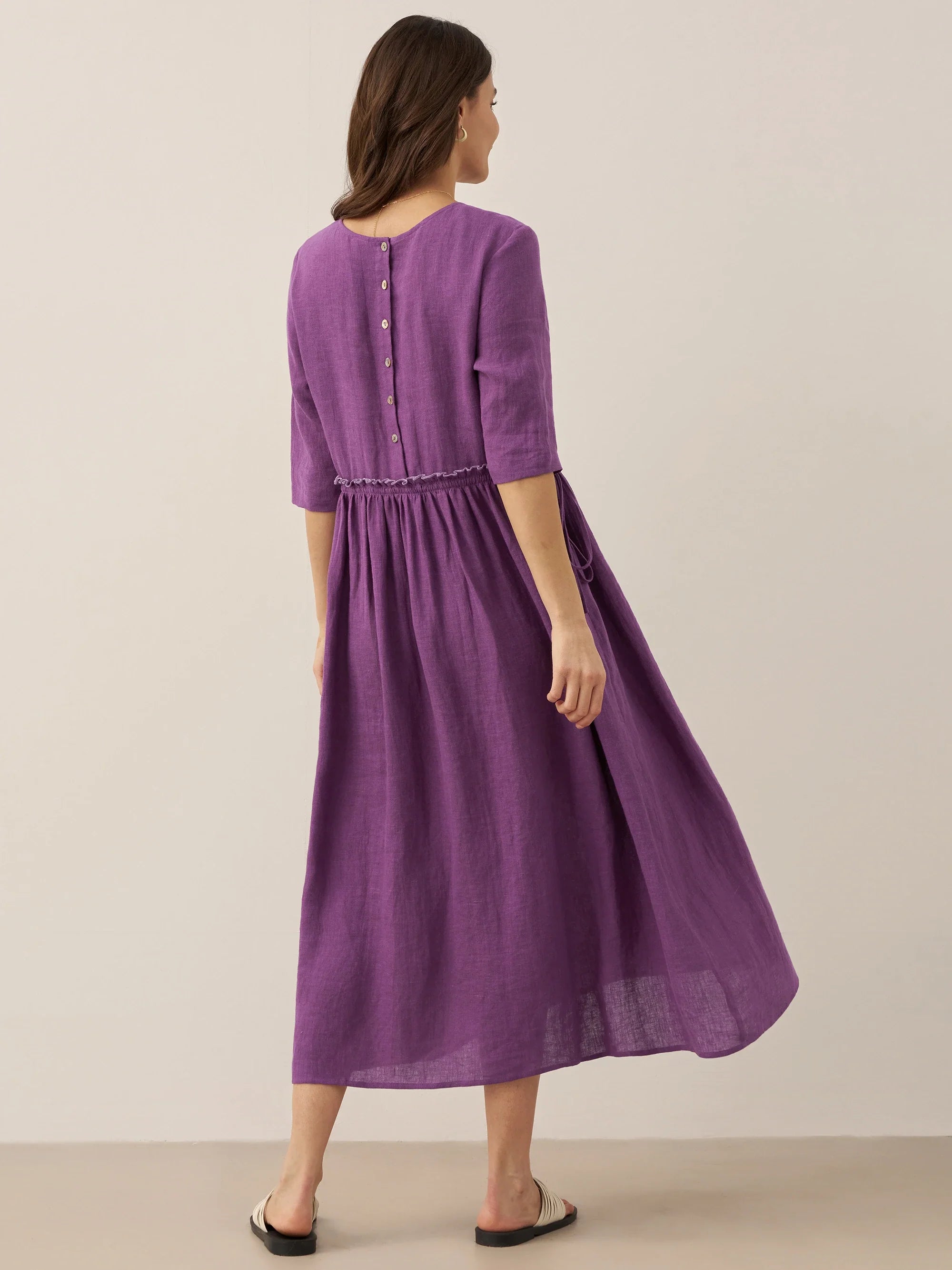 100% Linen Petal-Waist Drawstring Midi Dress JASMINE by LINTICO
