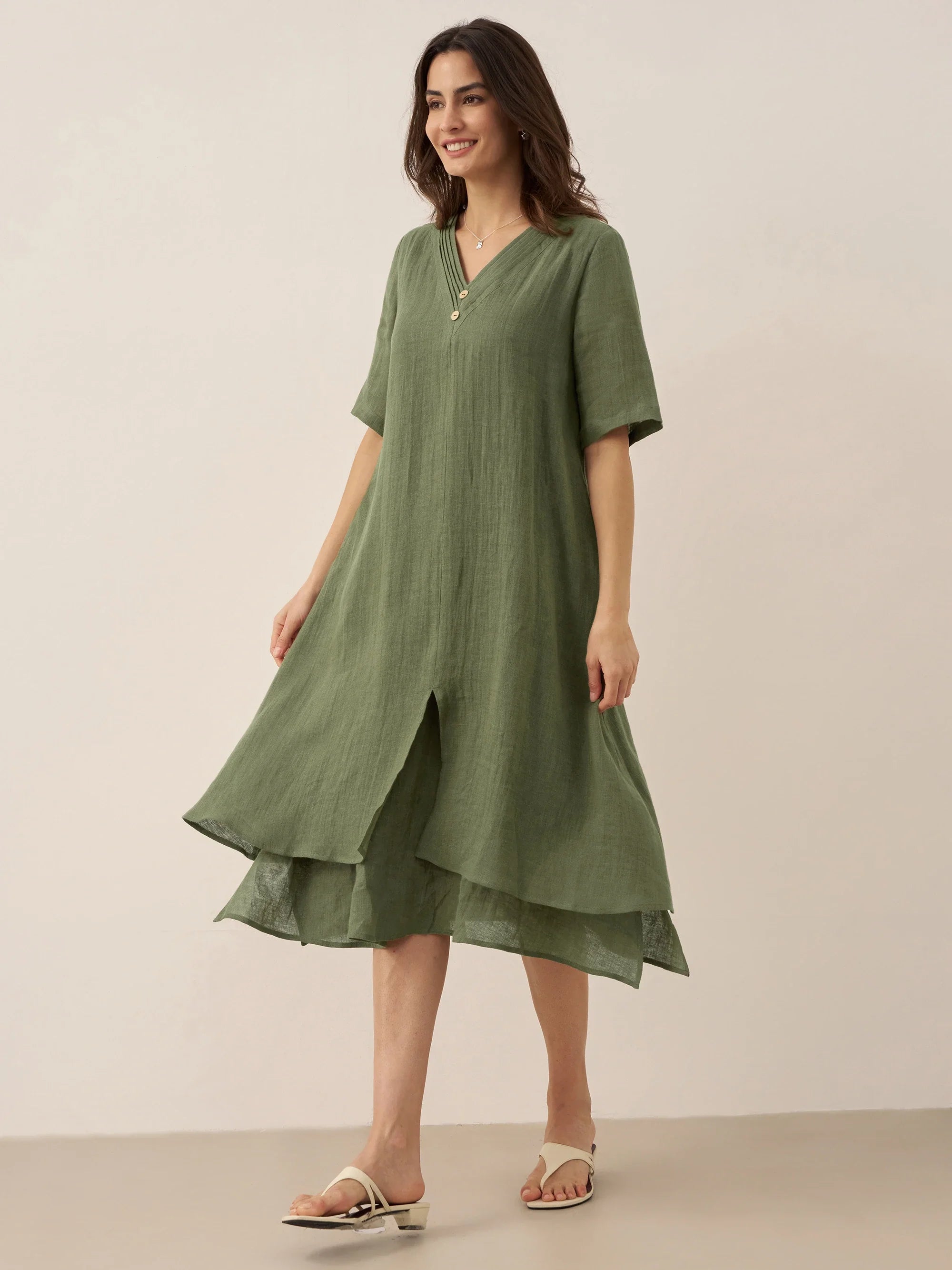 100% Linen V-Neck Double-Layer Midi Dress JAYDA by LINTICO
