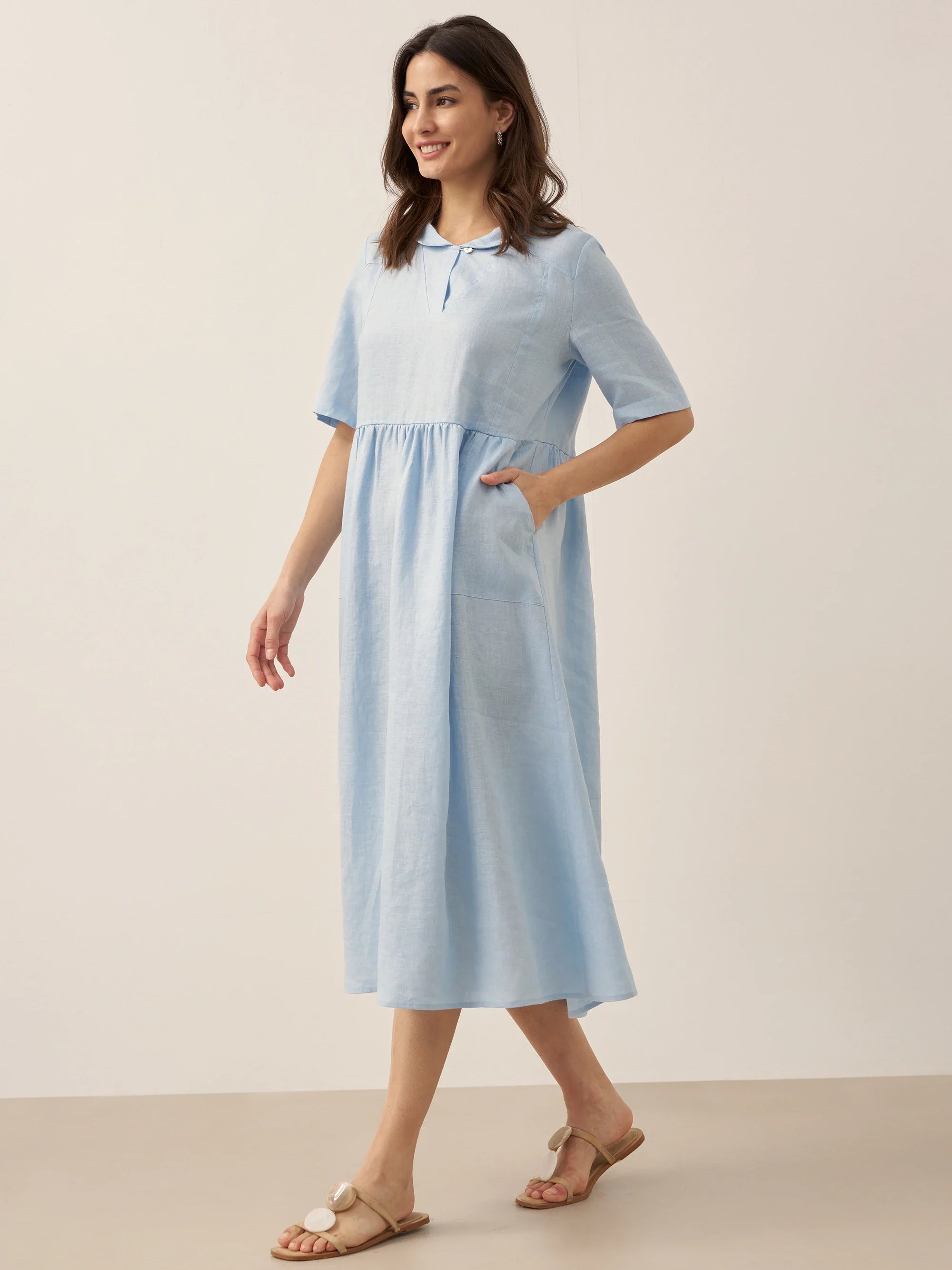 100% Linen Shawl V-Neck Pleated Maxi Dress SUSAN by LINTICO