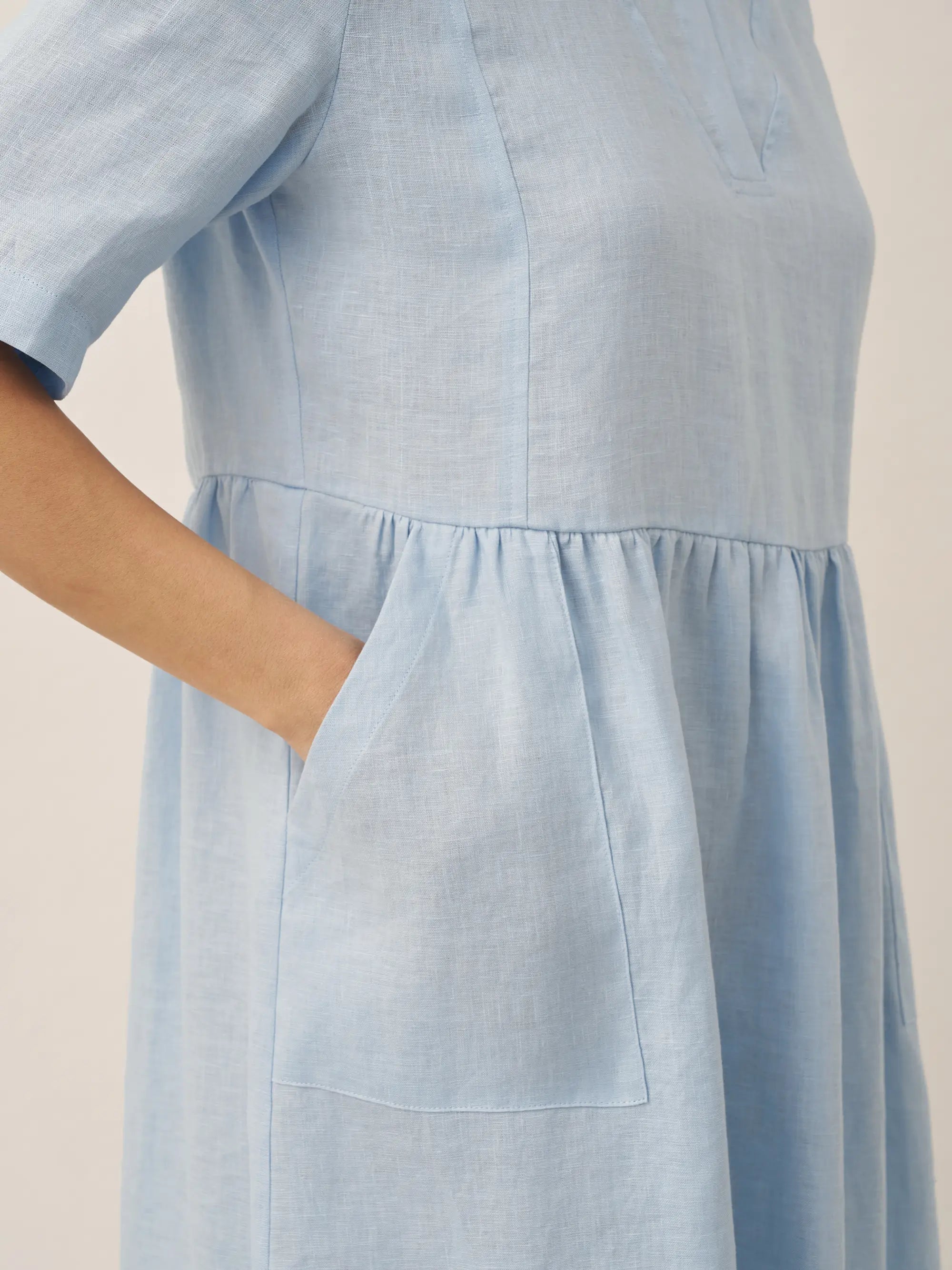 100% Linen Shawl V-Neck Pleated Maxi Dress SUSAN by LINTICO