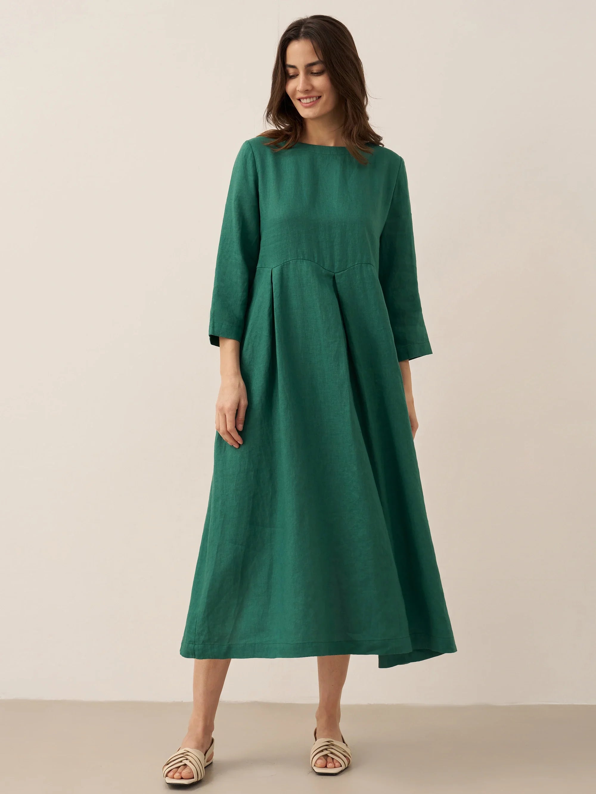 100% Linen Bateau Neck Pleated Midi Dress ABIGAIL DestGlow