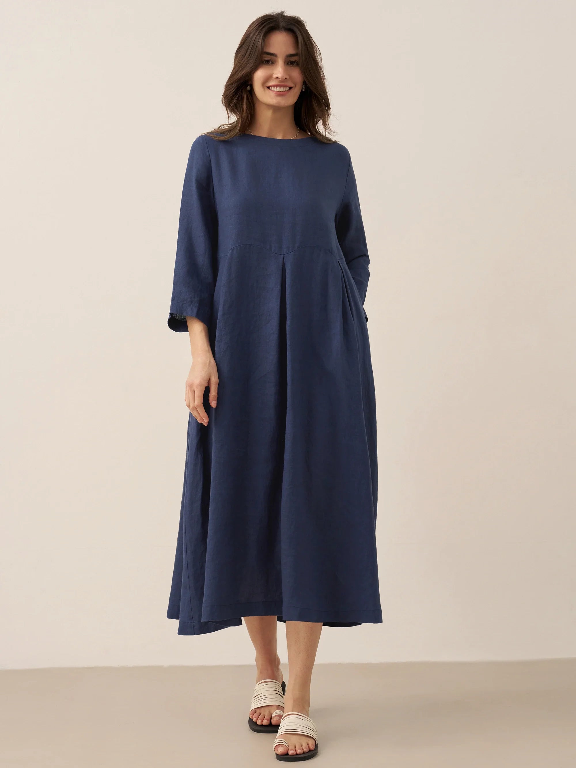 100% Linen Bateau Neck Pleated Midi Dress ABIGAIL DestGlow