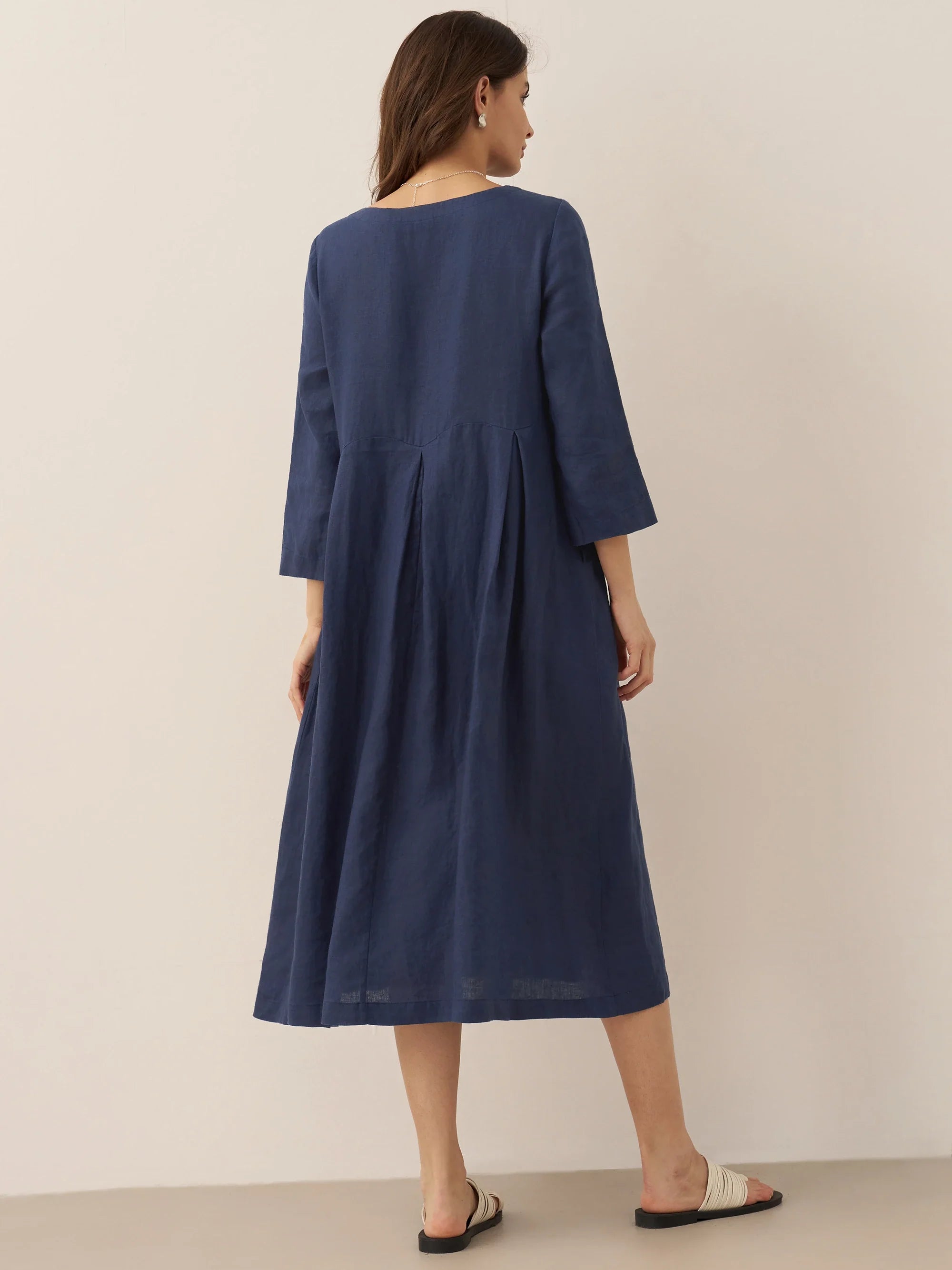 100% Linen Bateau Neck Pleated Midi Dress ABIGAIL DestGlow