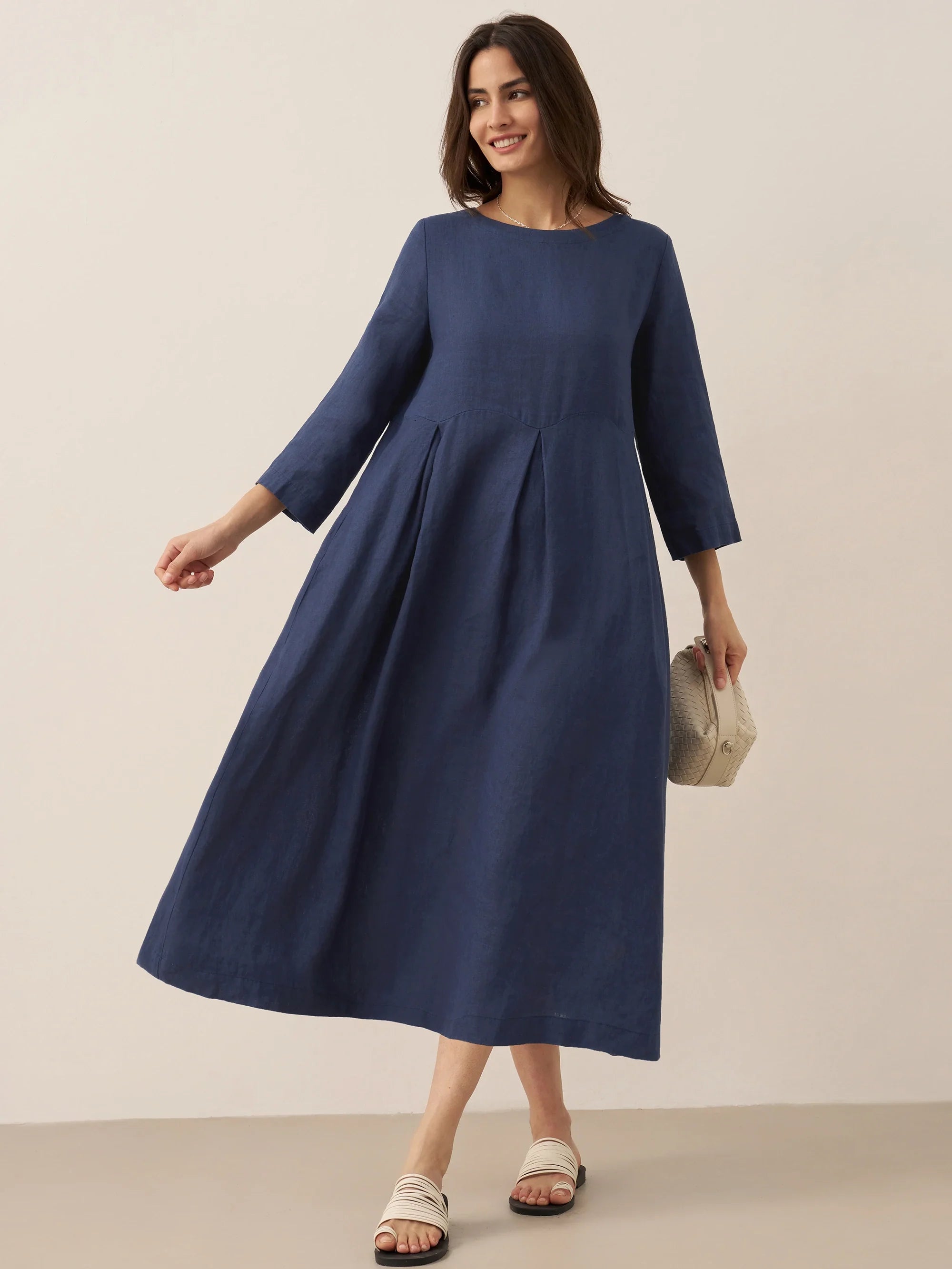 100% Linen Bateau Neck Pleated Midi Dress ABIGAIL DestGlow