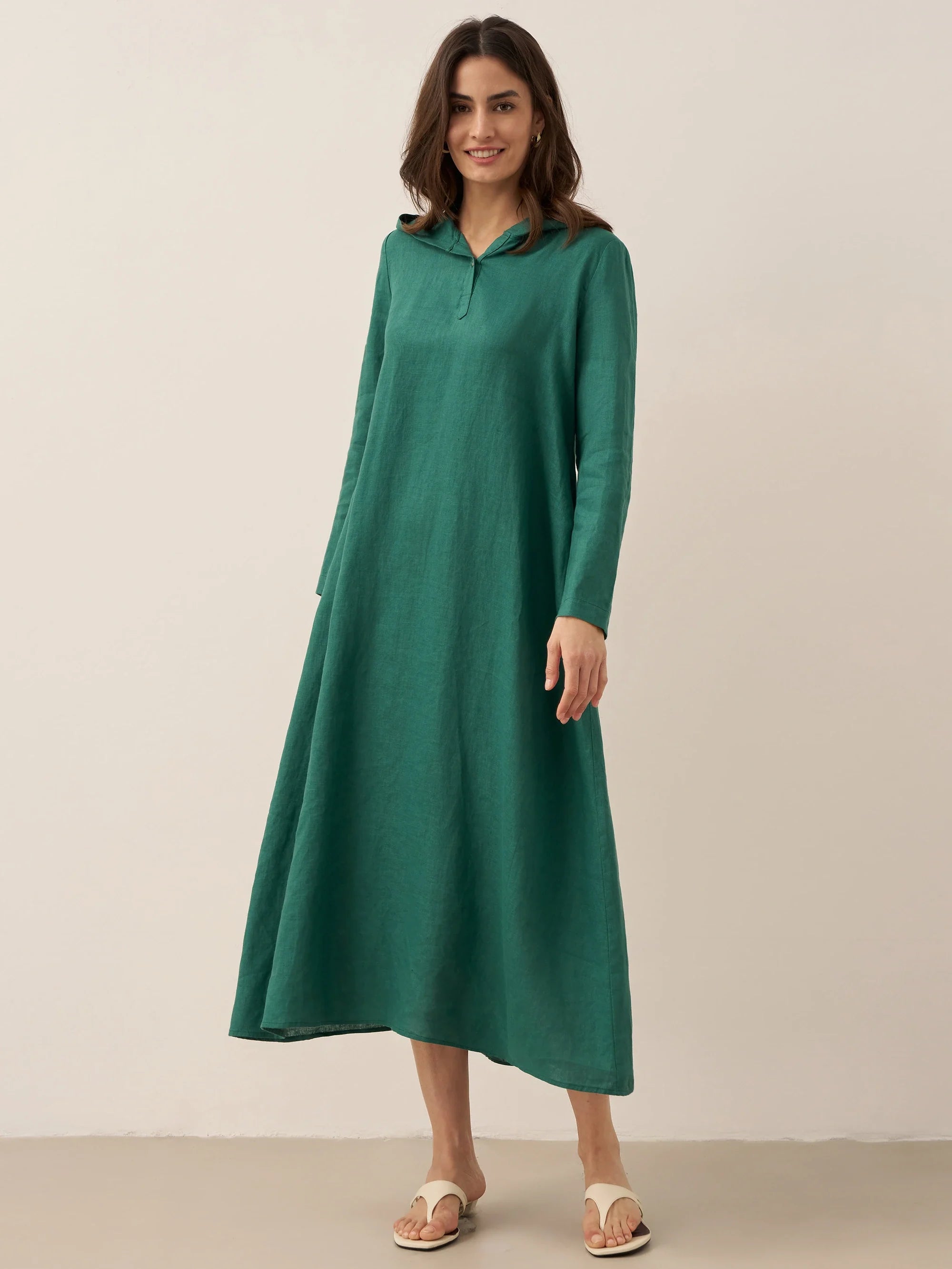 100% Linen Hooded Pullover Maxi Dress REBECCA DestGlow