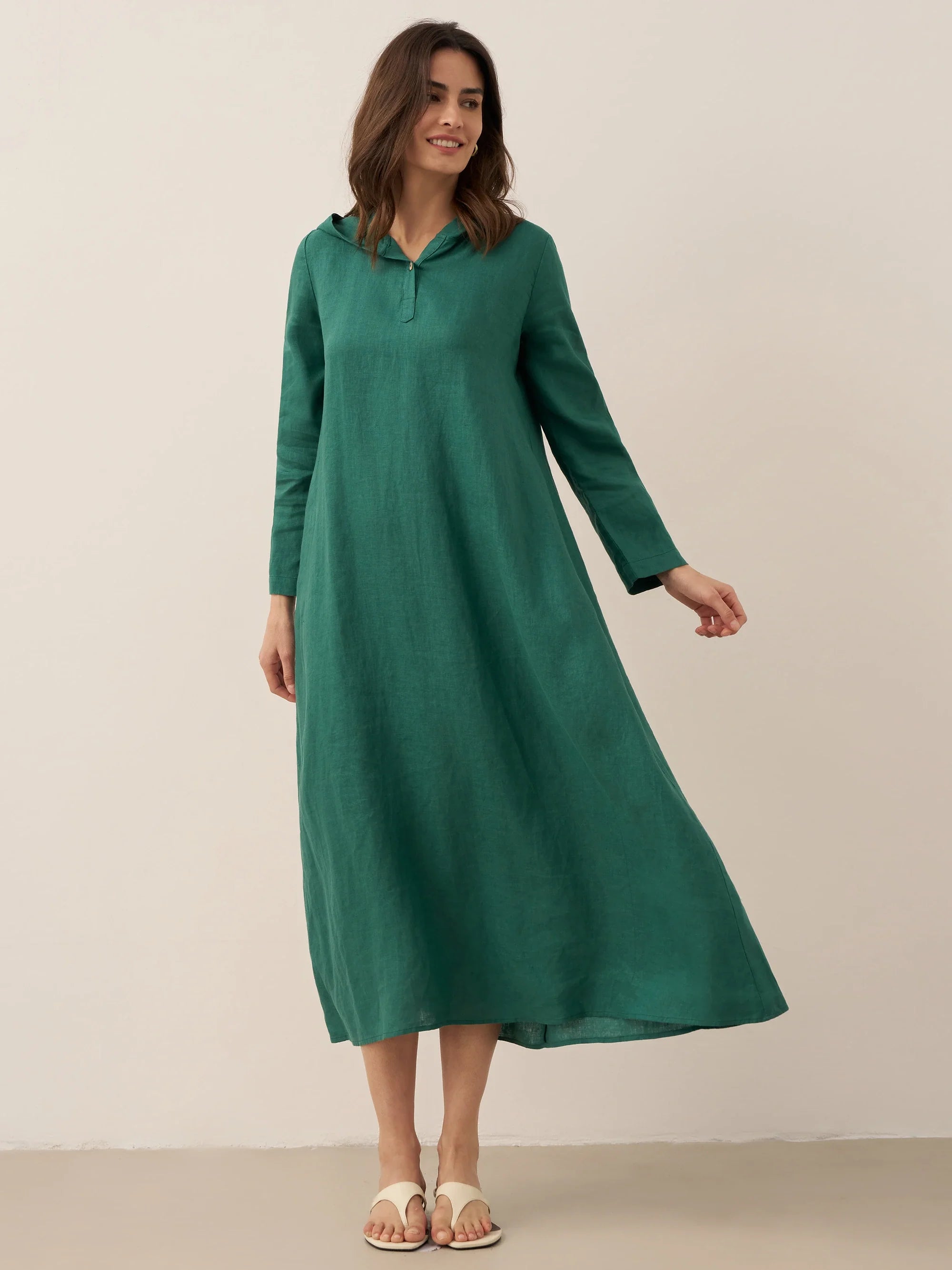 100% Linen Hooded Pullover Maxi Dress REBECCA DestGlow