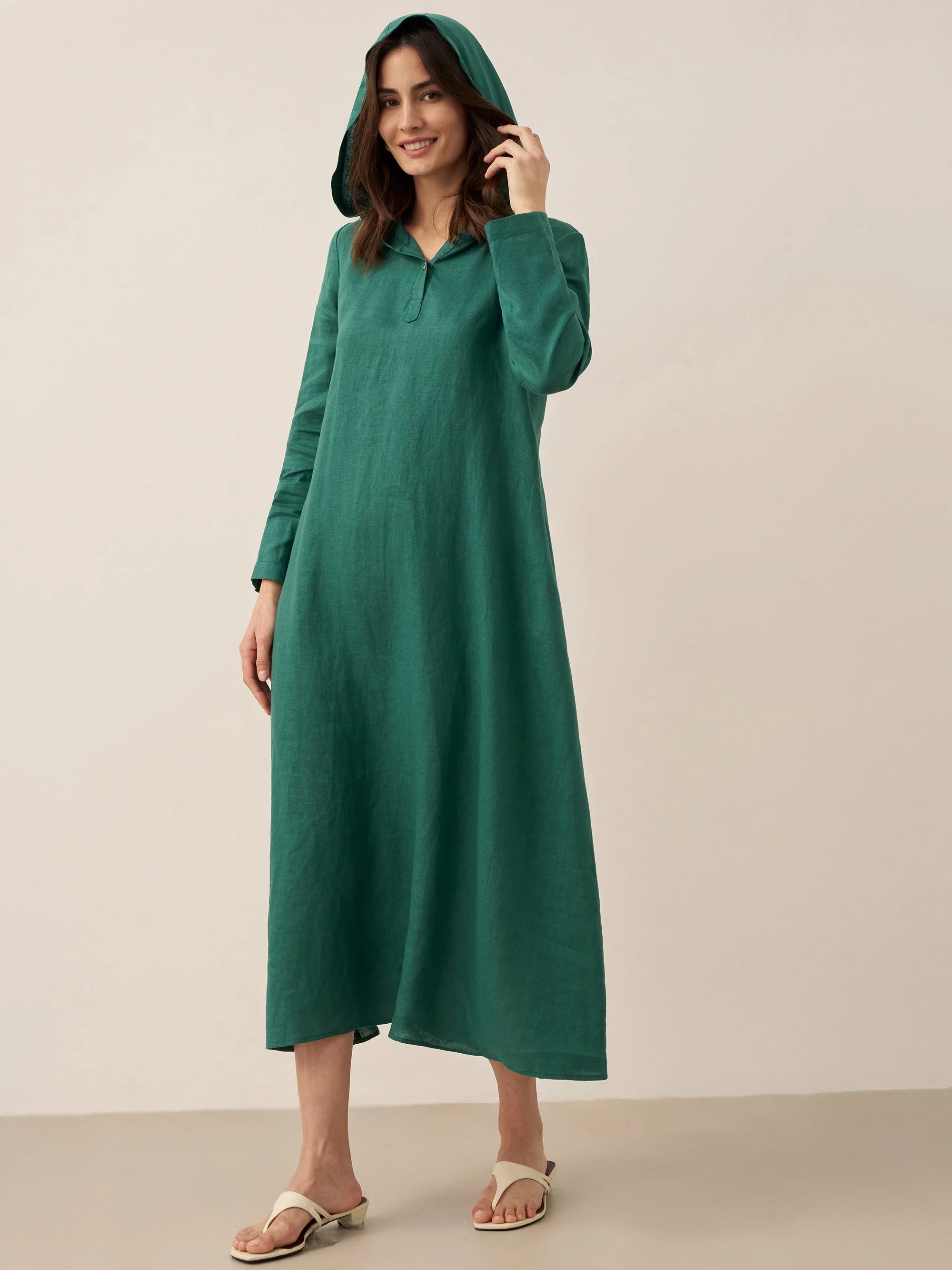 100% Linen Hooded Pullover Maxi Dress REBECCA DestGlow
