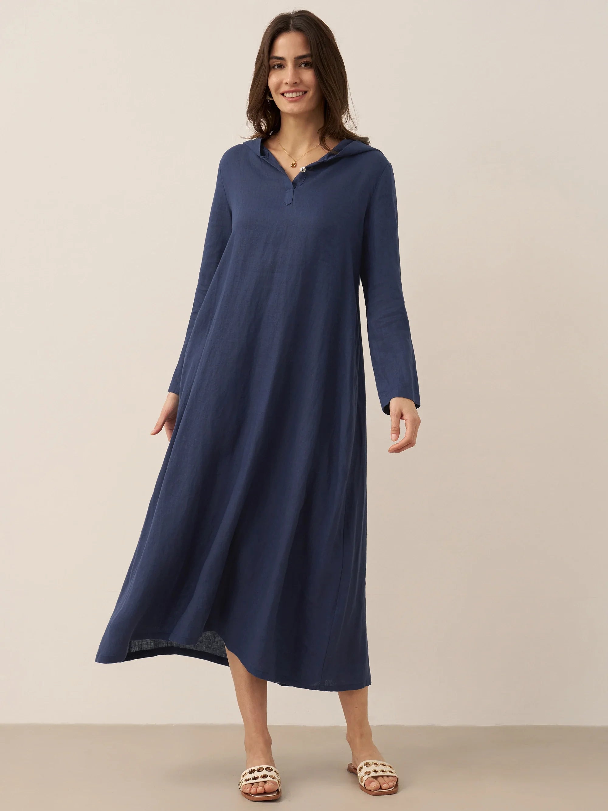 100% Linen Hooded Pullover Maxi Dress REBECCA DestGlow