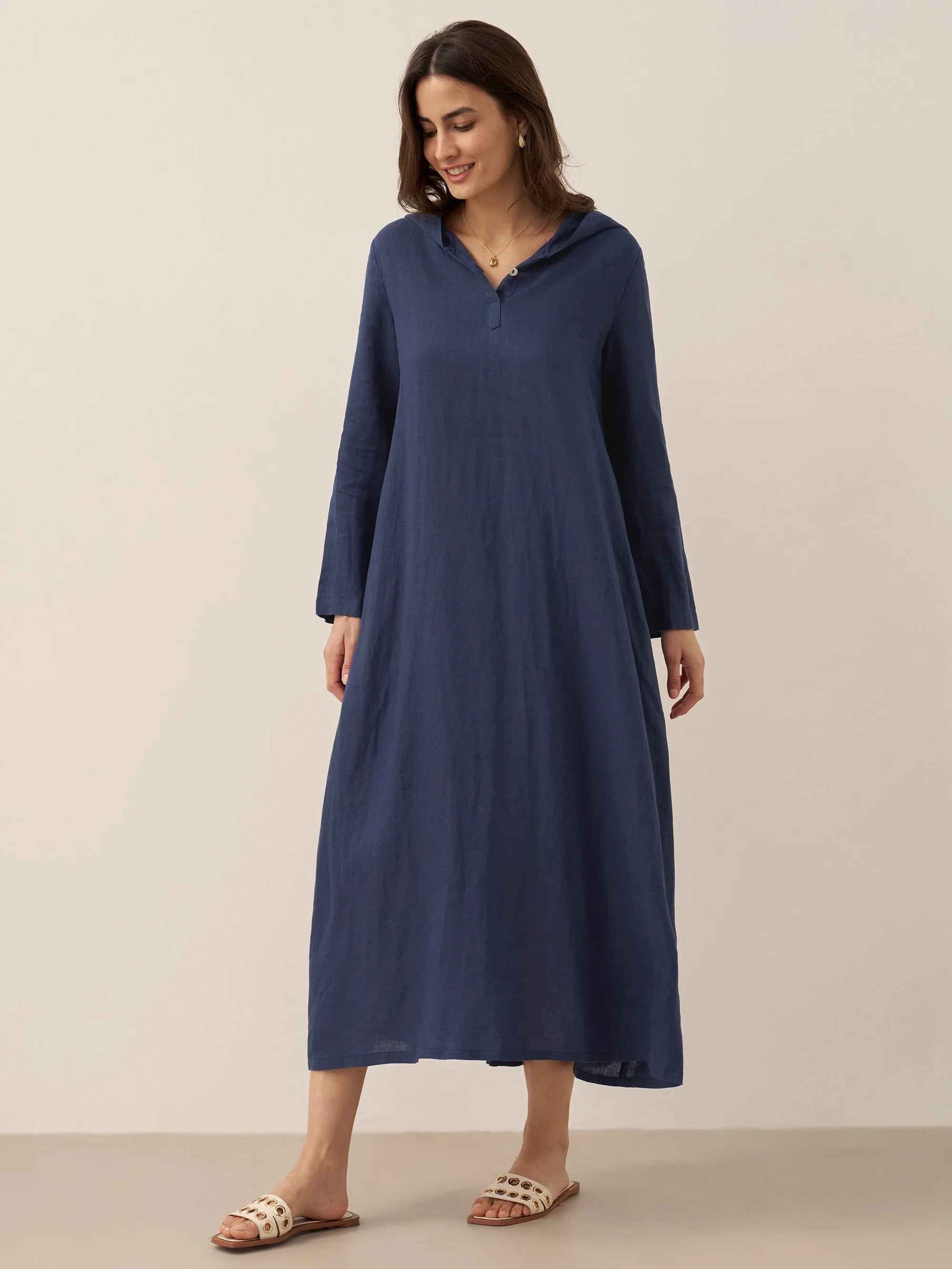 100% Linen Hooded Pullover Maxi Dress REBECCA DestGlow