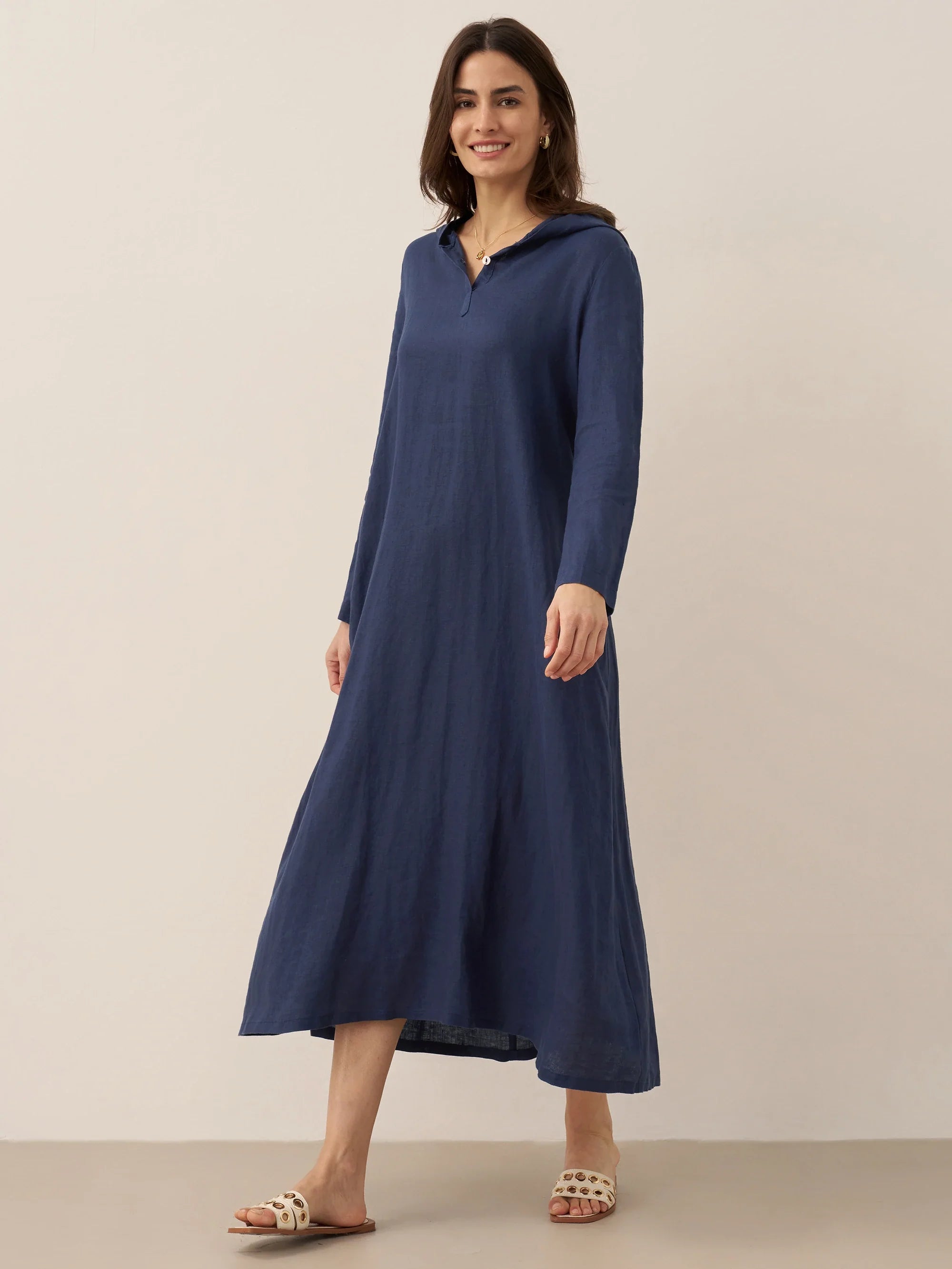 100% Linen Hooded Pullover Maxi Dress REBECCA DestGlow
