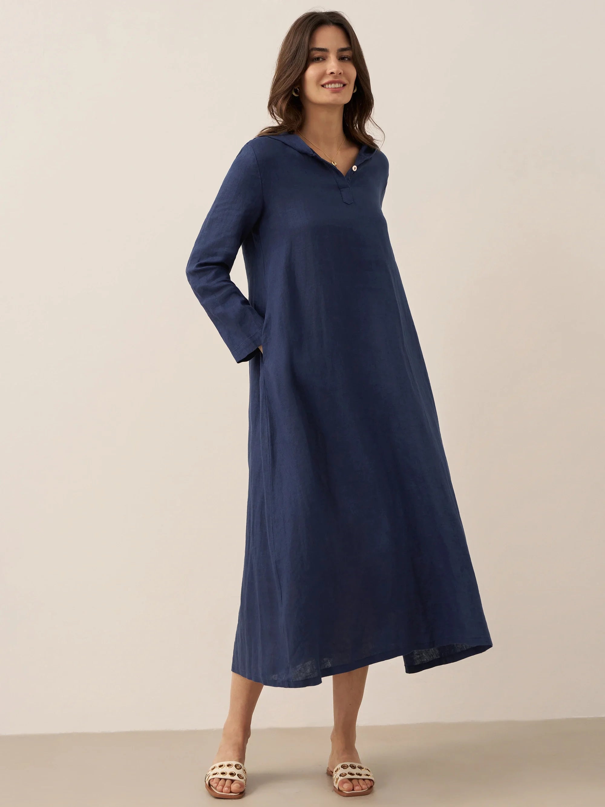 100% Linen Hooded Pullover Maxi Dress REBECCA DestGlow