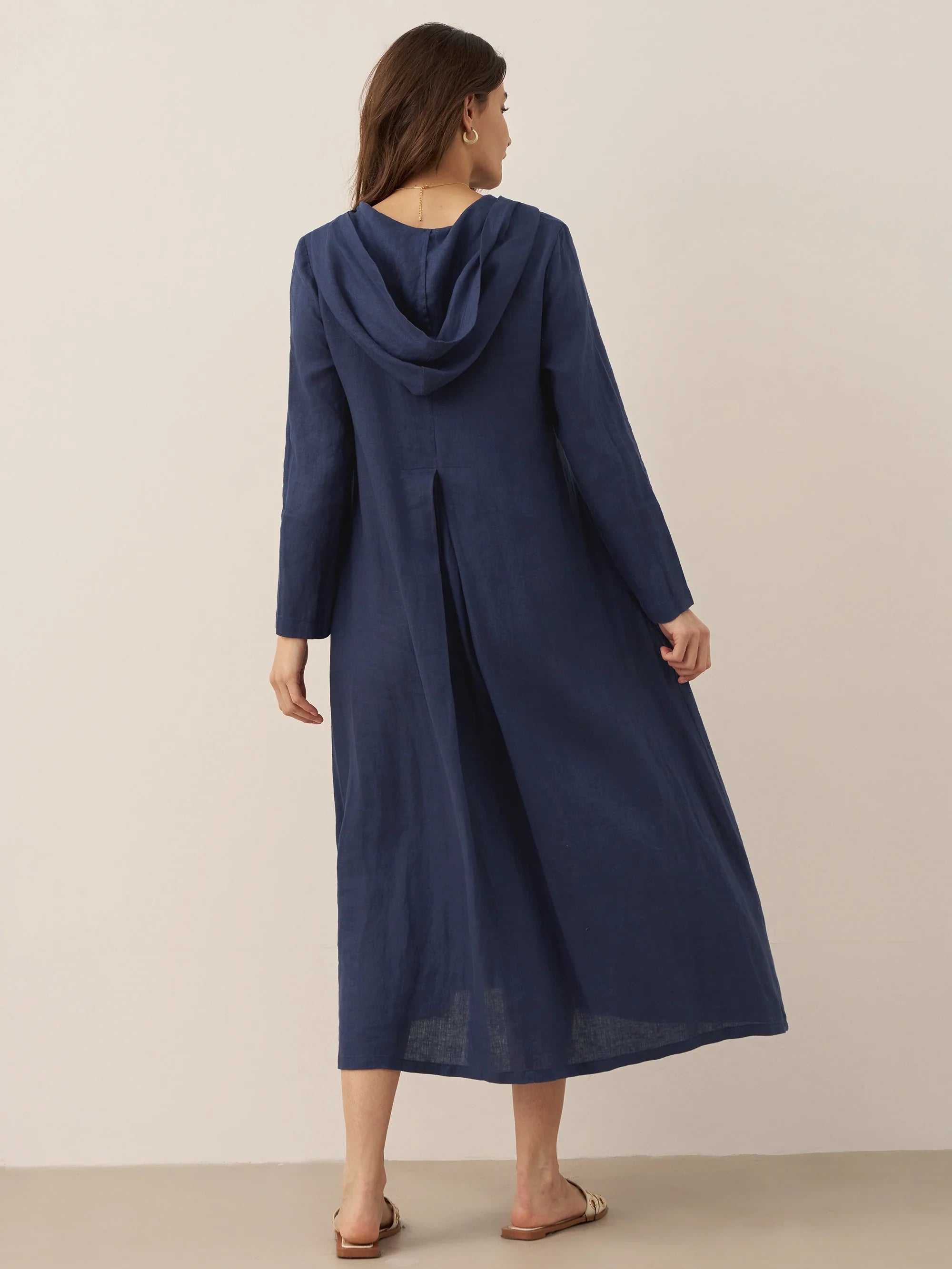 100% Linen Hooded Pullover Maxi Dress REBECCA DestGlow