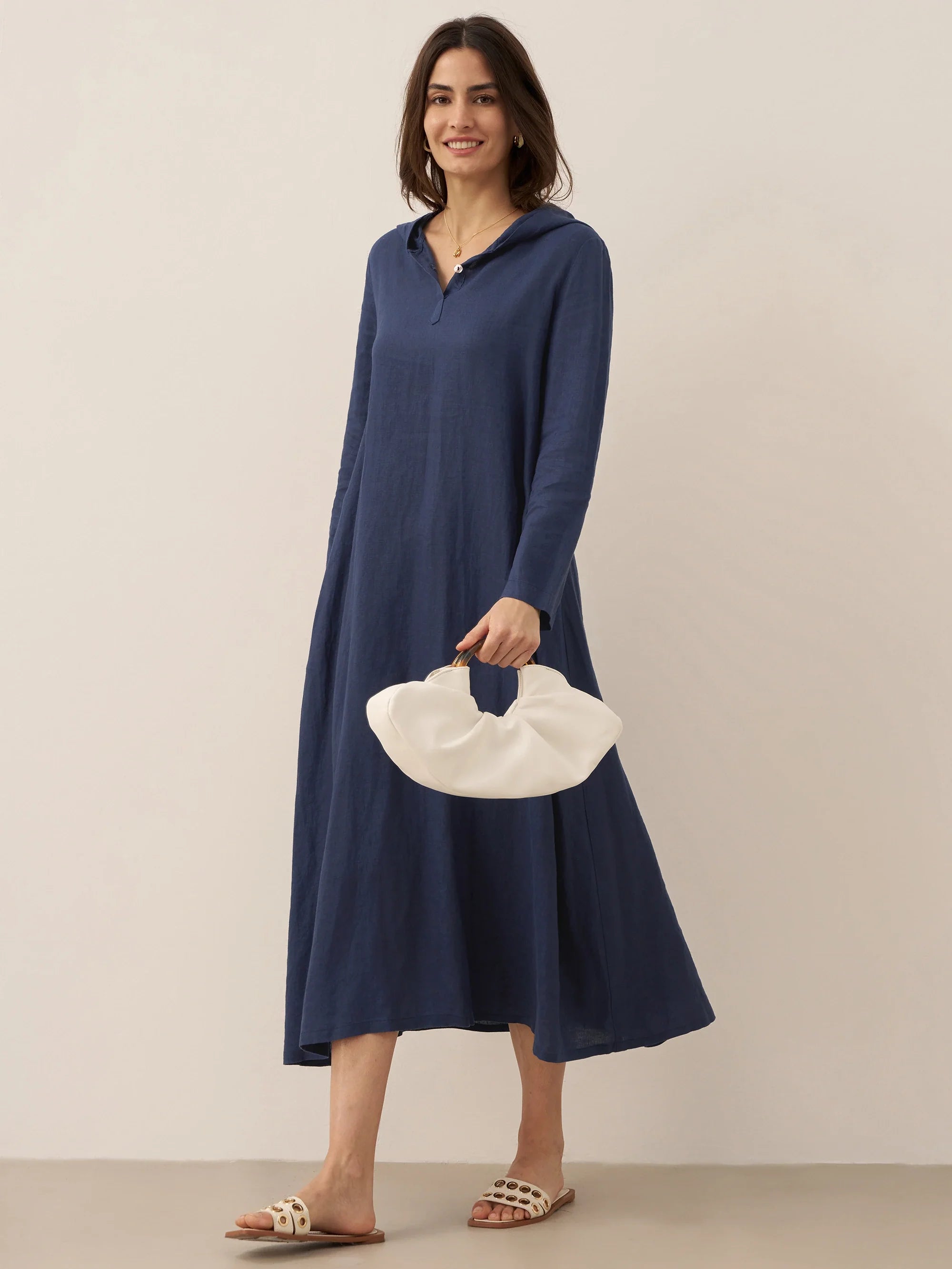100% Linen Hooded Pullover Maxi Dress REBECCA DestGlow
