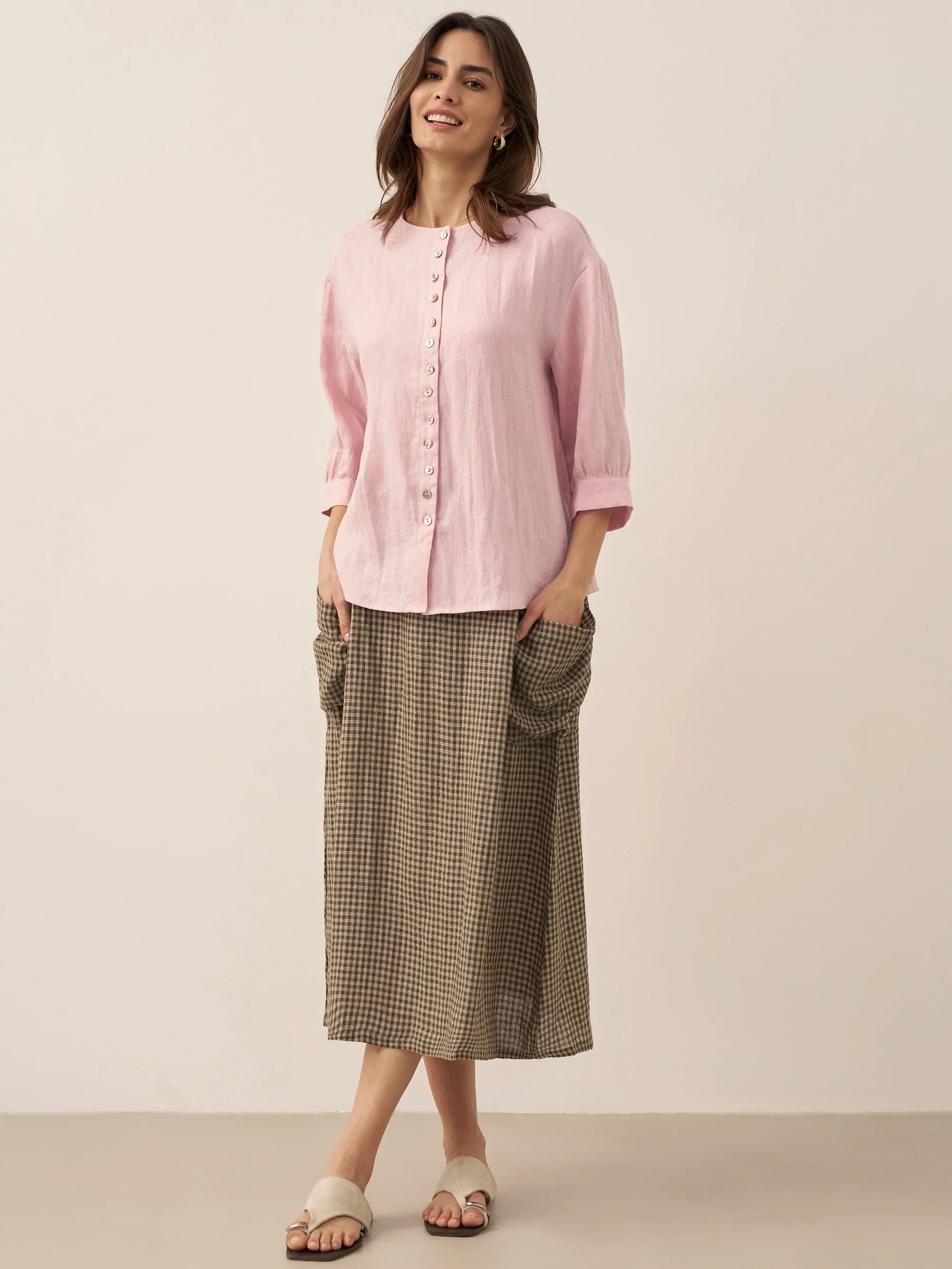 Linen Checked Elastic Waist Skirt MARINA