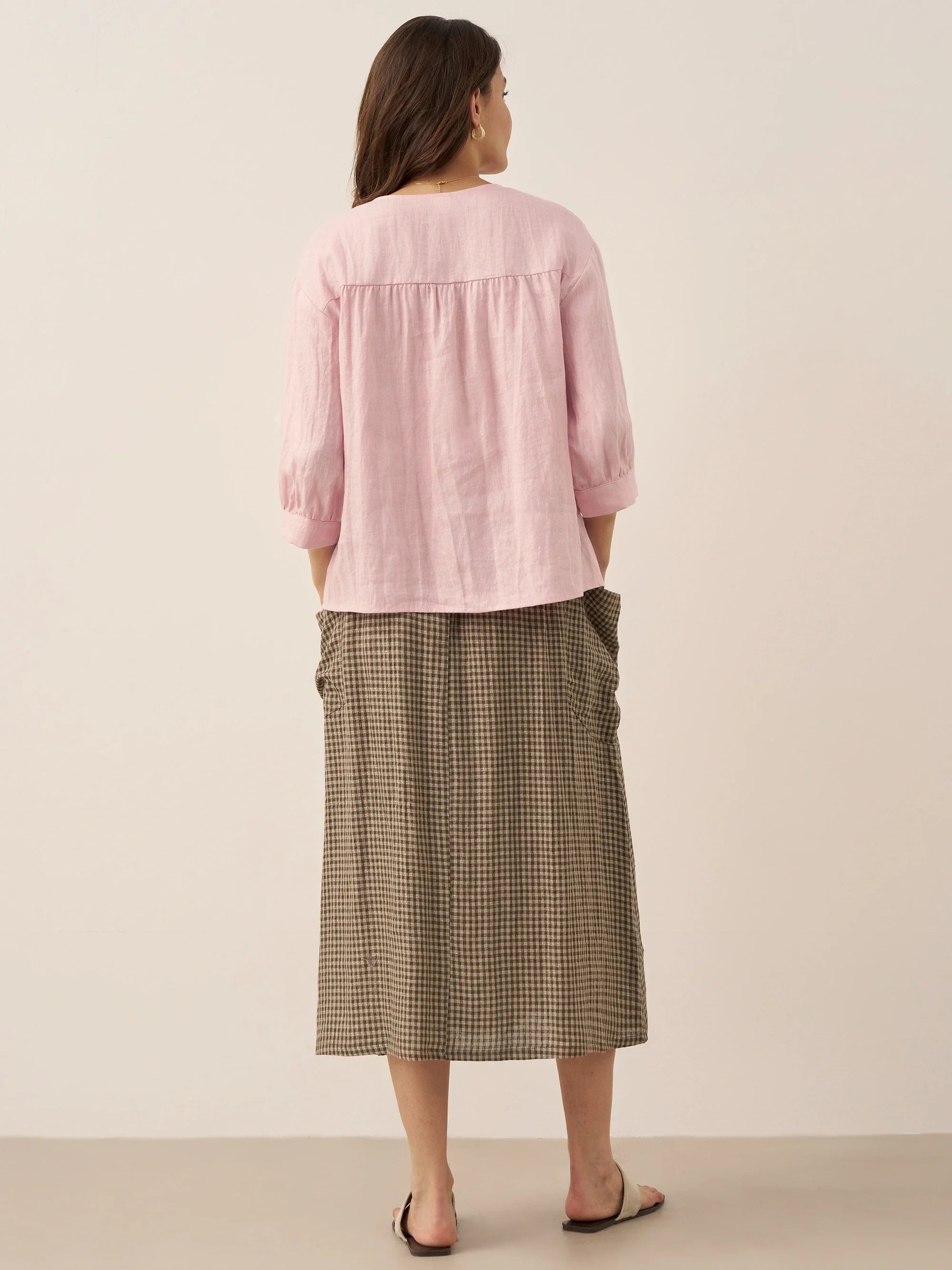 Linen Checked Elastic Waist Skirt MARINA