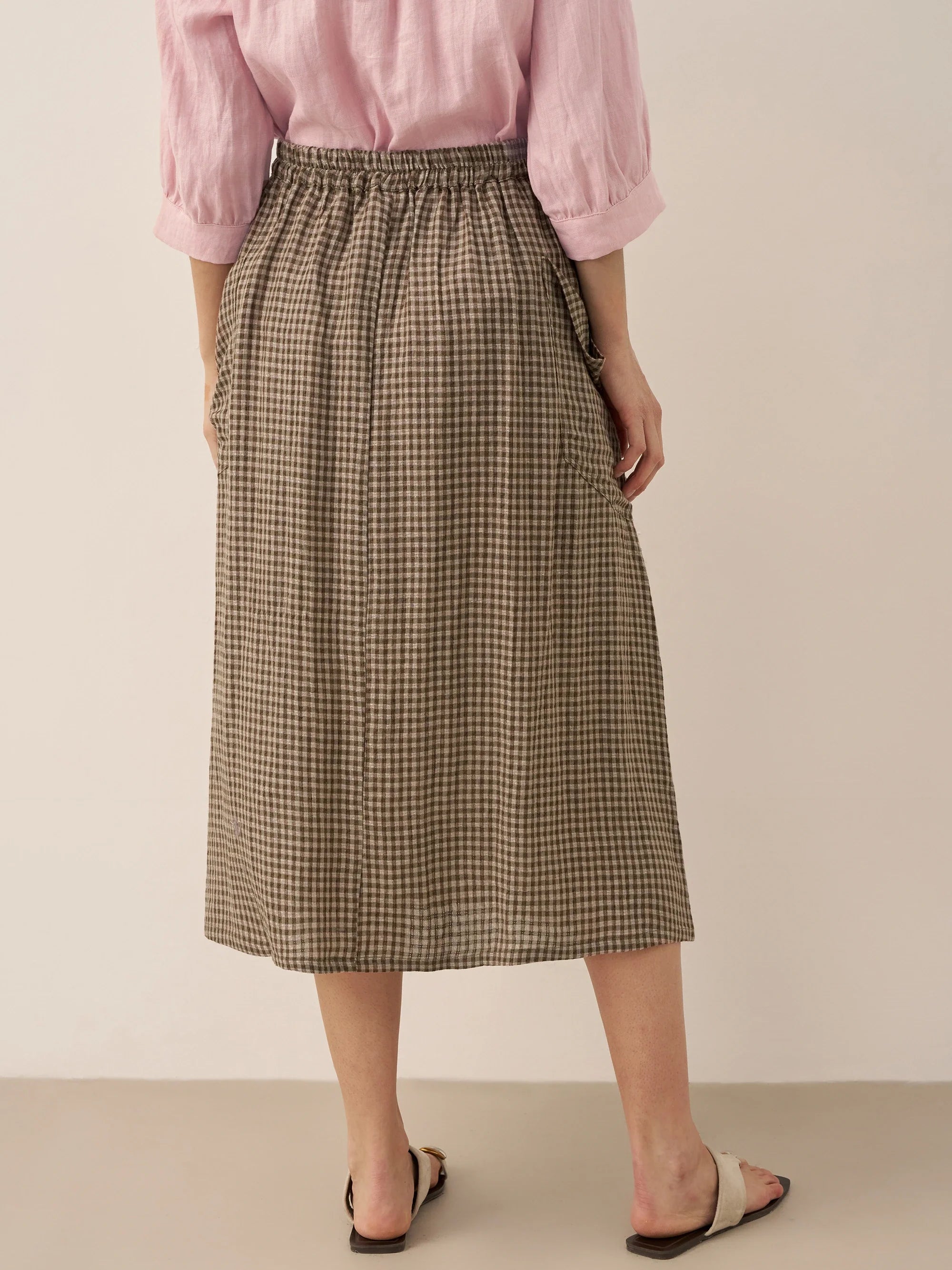 Linen Checked Elastic Waist Skirt MARINA
