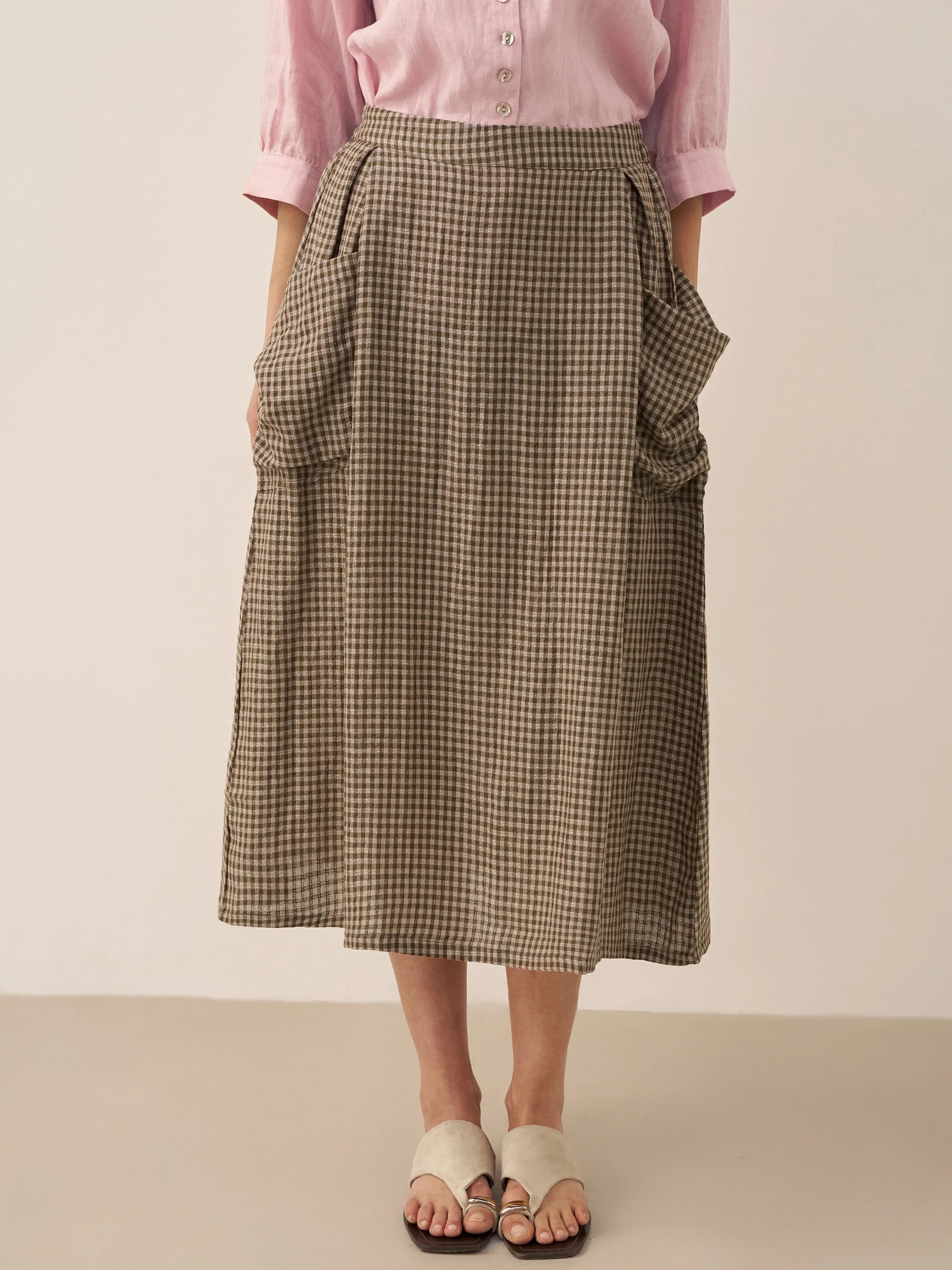 Linen Checked Elastic Waist Skirt MARINA